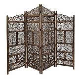 Benjara BM01875 Hand Carved Foldable 4-Panel Wooden Partition Screen/Room Divider, Brown