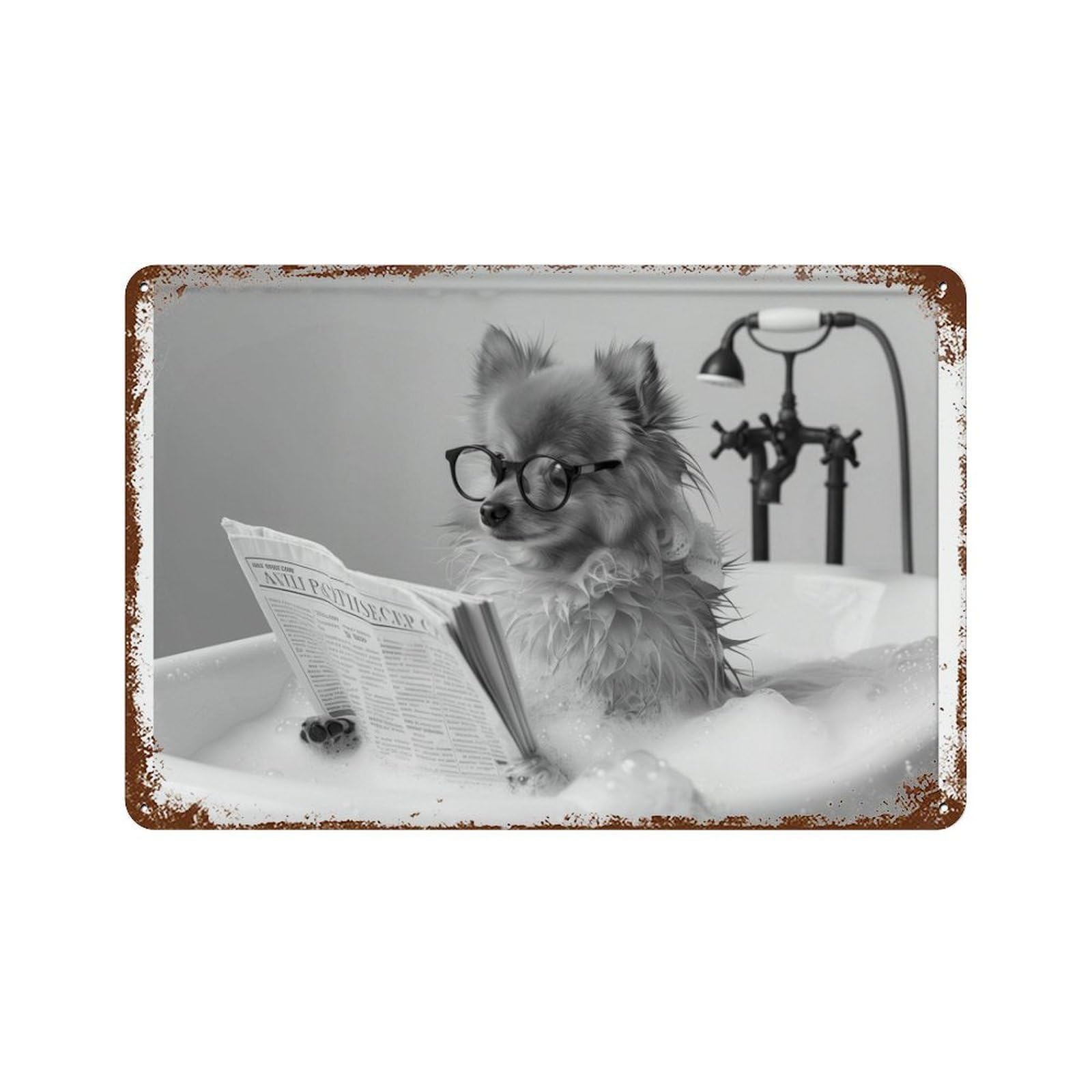 xiaoxiaoshen Pomeranian in Bathtub Dog Reading Newspaper, Funny Bathroom Decor Wall Decor Art Metal Tin Poster Modern Home Decor Art Home Bar Shop Decorations Vintage Sign 20x30cm