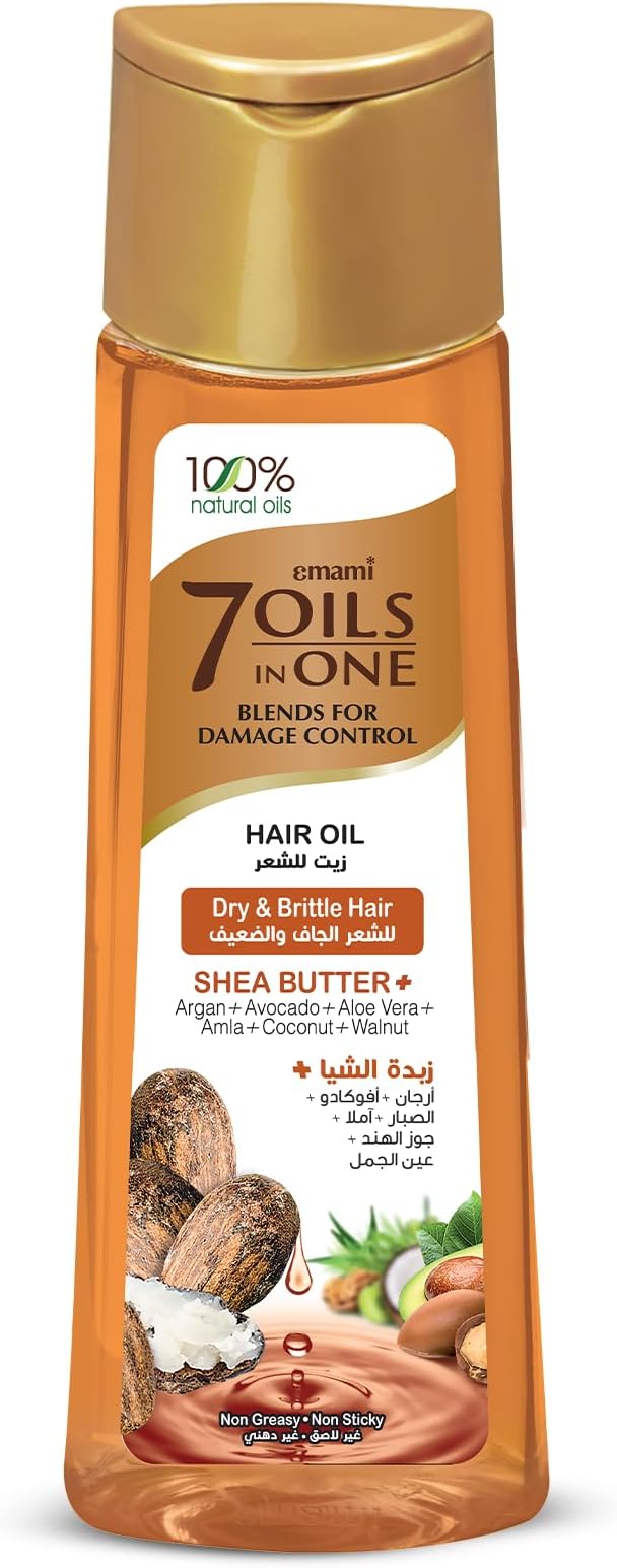 Emami 7 Oils in One Hair Oil with Shea Butter & Argan - 300ml | 100% Natural Oils | Damage Control Formula | Rejuvenates, Nourishes & Strengthens Hair | Reduces Breakage | For Dry & Brittle Hair