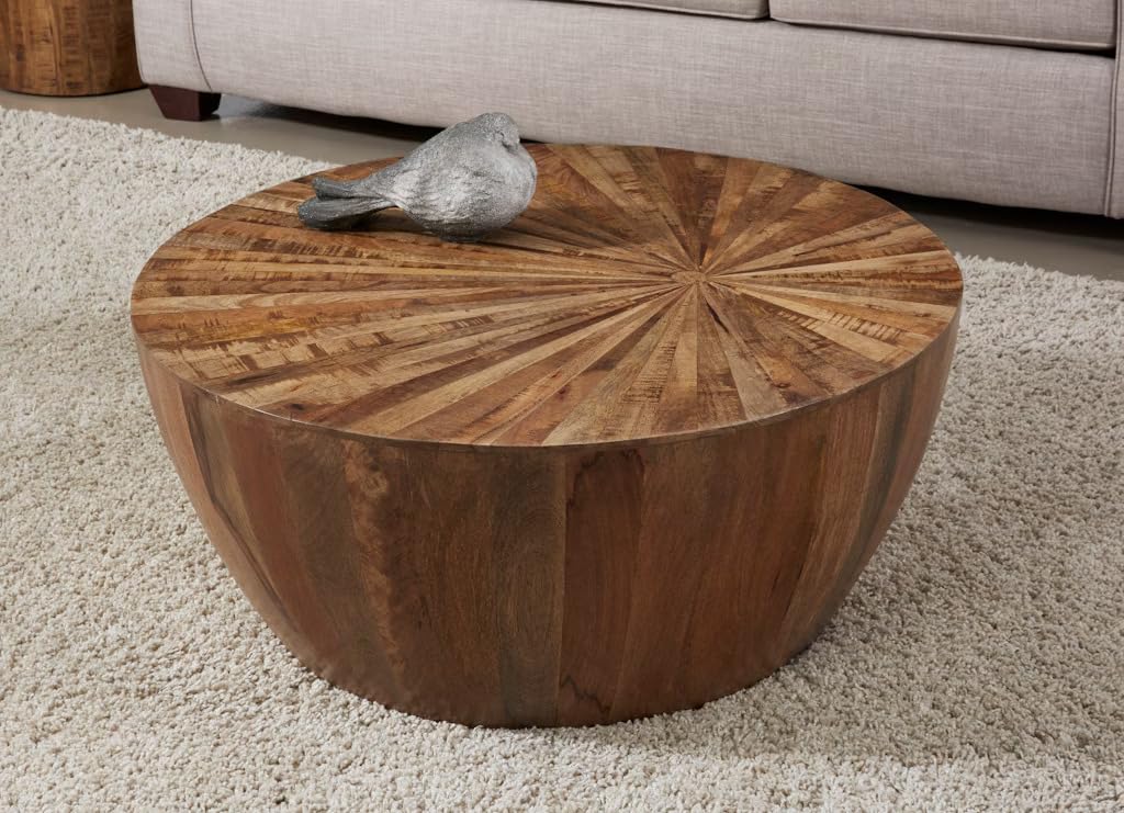 TOUCHH WOOD Solid Wood Centre Table for Living Room Round Wooden Drum