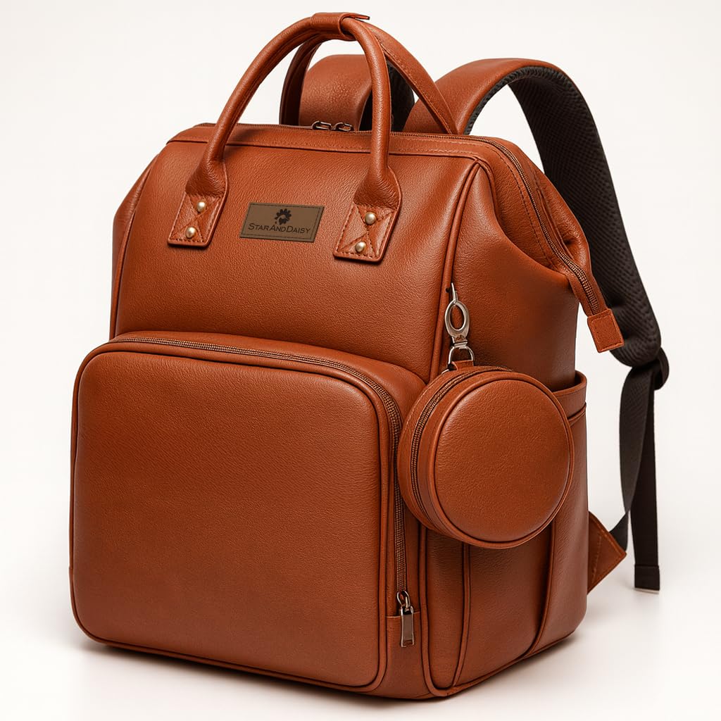 StarAndDaisy Diaper Bag/Maternity Bags for Mothers/Mom with Multi Compartments, Insulated Bottle Pockets, Waterproof, Ultra Vegan Leather, 30L capacity - Brown