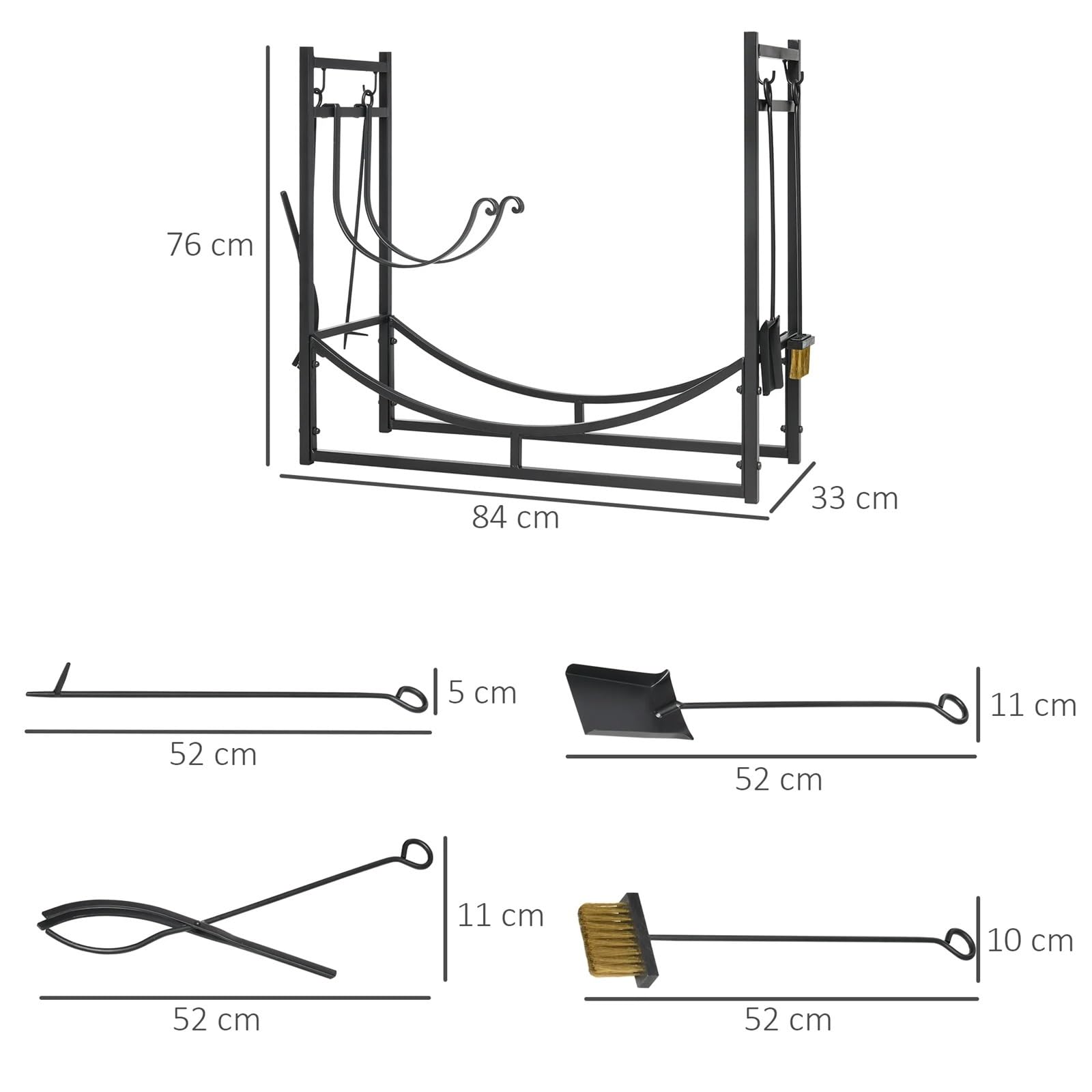 Porta legna Leñero de metal for interior y exterior, estante almacenamiento leña 2 niveles con 4 herramientas ganchos