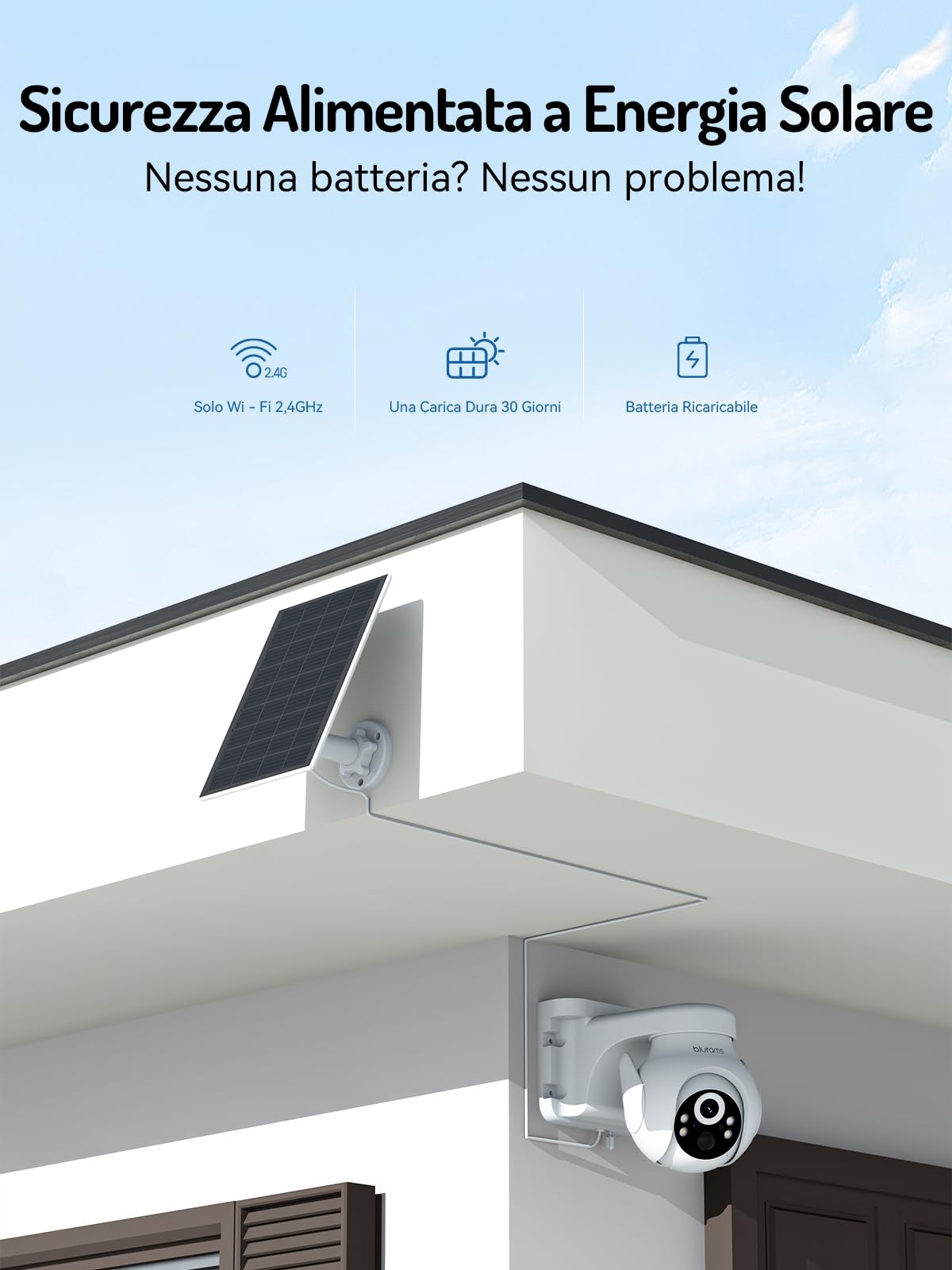 blurams 2K Telecamera Esterno con Pannello Solare - 3MP, Senza fili, WiFi 2.4GHz, 360°, Rilevazione di Movimento, Visione Notturna, Pannello Solare 3W, IP65 (1 pack)