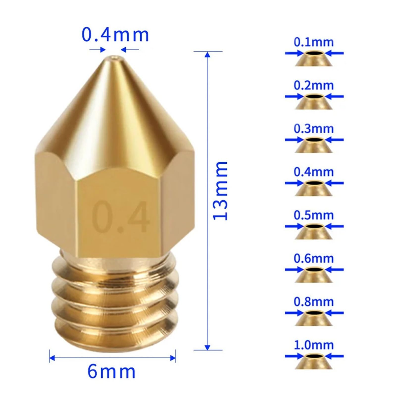 Accessori for stampante 3D Ugello MK8 in ottone 0,1 mm-1,0 mm for forniture 1,75/3,0 mm -3 Testa estrusore(3Pcs for 1.75mm)