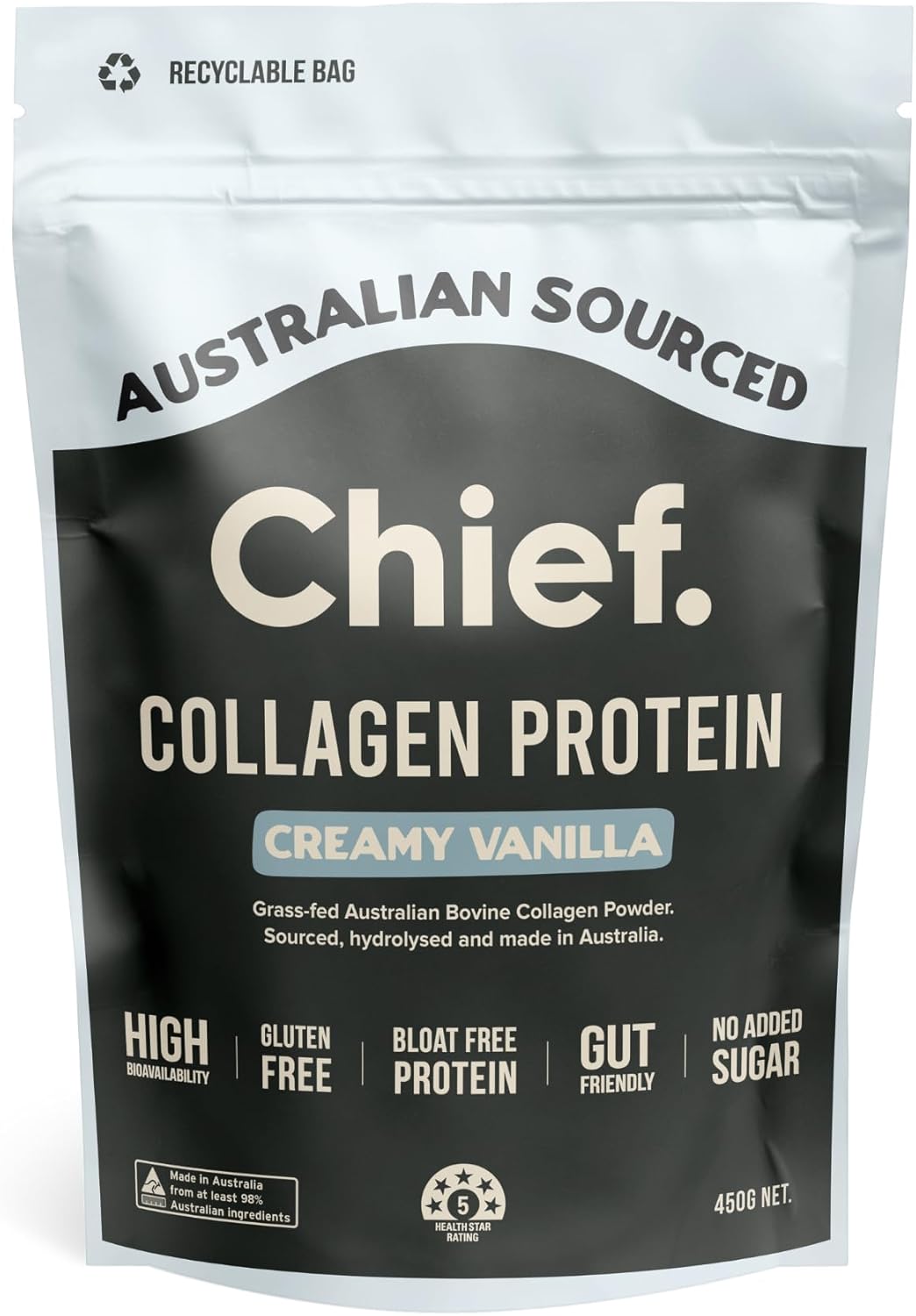 Chief. Collagen Protien Powder, Creamy Vanilla Flavour, 100% Organic Grass-Fed Aussie Beef, Supports Gut Health & Joints, Bloat Free & No Sugar, 30 Servings