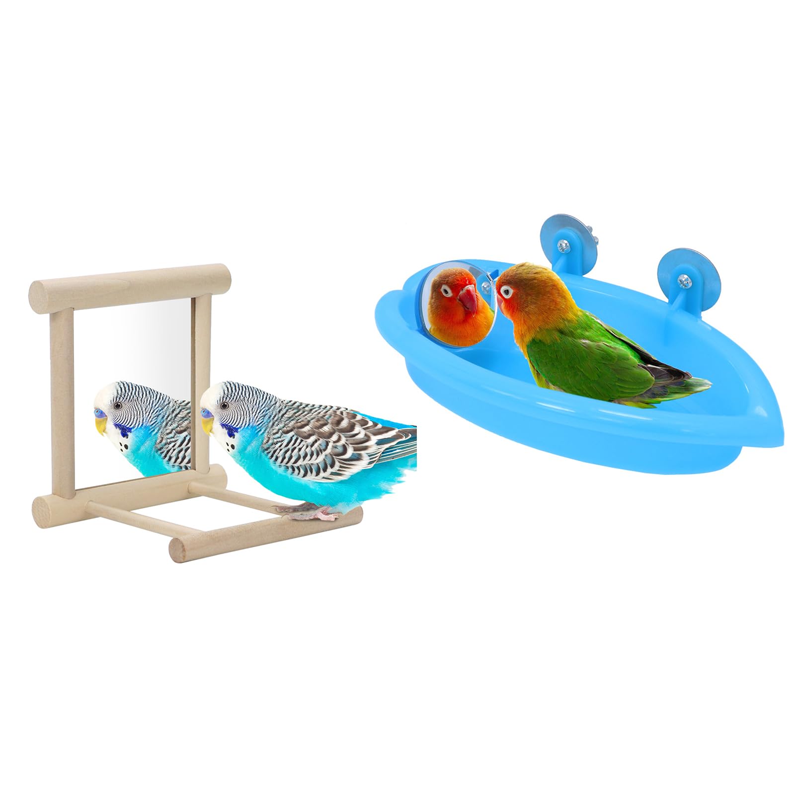 Wontee Bird Bath Parrot Bathing Tub Bird Mirror with Perch Toys for Budgies Parakeets Cockatiels Lovebirds Finches Canaries (Blue (B))