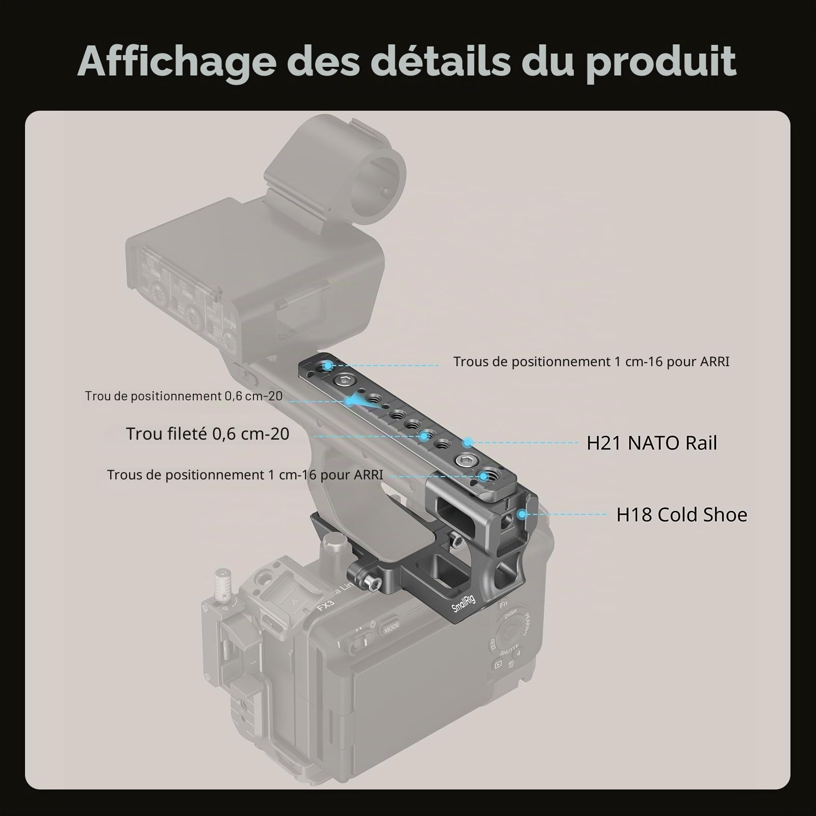 SMALLRIG Kit de Plaque Montage d'Extension pour Sony FX3 / FX30 Poignée XLR avec Griffe Froide, Structure HawkLock QR, avec Trous Filetés 1/4"-20 et Trous de Positionnement 3/8"-16 pour Arri - 4830