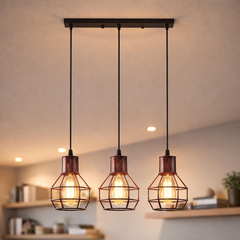 LEDSone Industrial 3 Light Pendant Ceiling Light, Adjustable Hanging Cables (Max 95cm), Rustic Red Metal Cage Nest Design, E27 Bulb Required, Modern Lighting for Kitchen Island, Dining Room, Bar