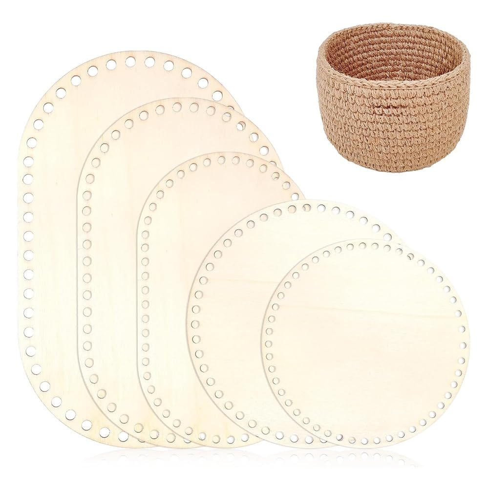 CTRLZS 5PCS Wooden Basket Bottom, 5 Size Oval Circle Blank Solid Crochet Basket Wood Base for DIY Basket Craft Weaving Supplies