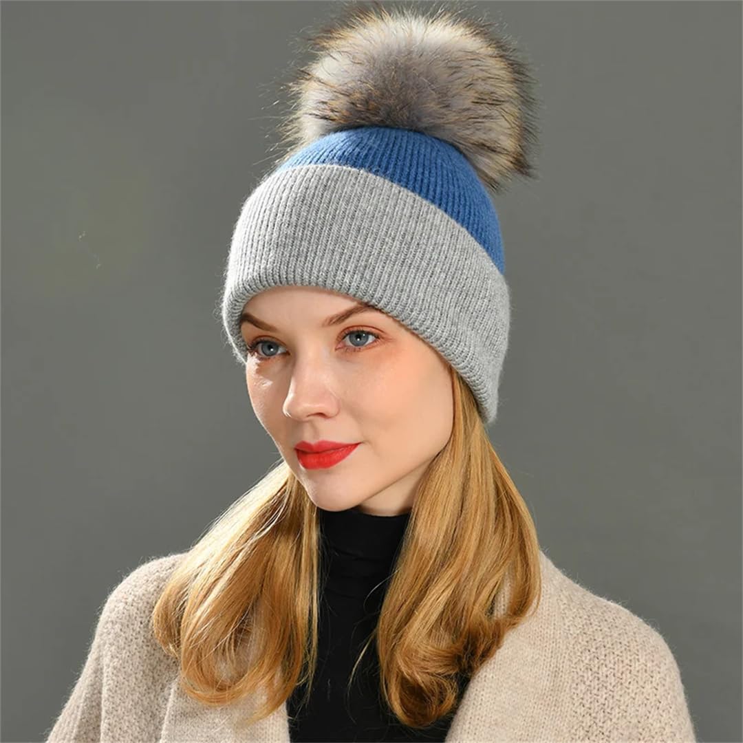 Gorro De Punto De Cachemira Para Mujer, Gorro De Lana A Rayas Con Pompón De Piel Grande, Gorro Cálido Para Otoño E Invierno