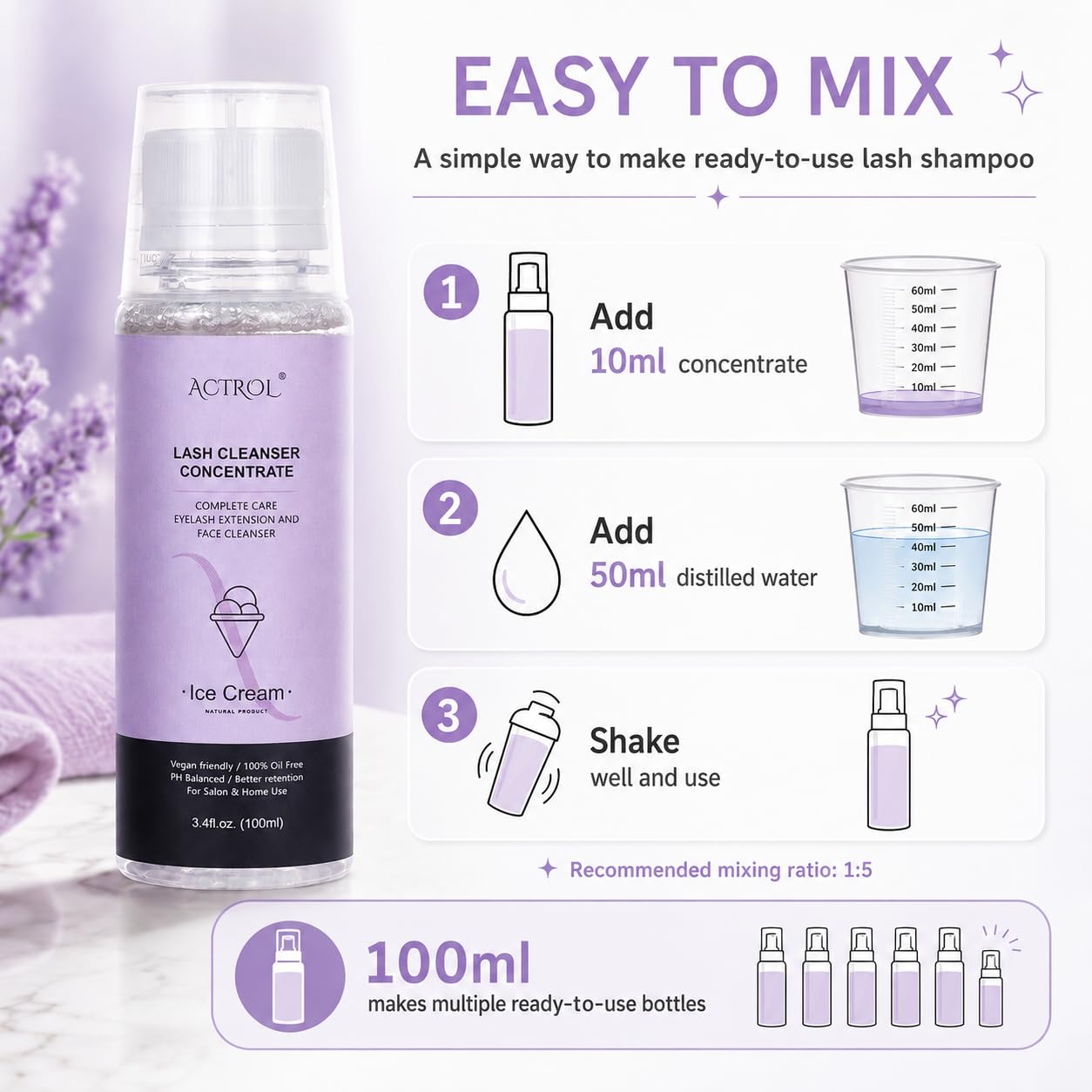 ACTROL Szampon do rzęs skoncentrowany 100 ml, środek do czyszczenia przedłużania rzęs, koncentrat lawendowy, szampon spieniający bez parabenów i siarczanów, do przedłużania rzęs, w zestawie