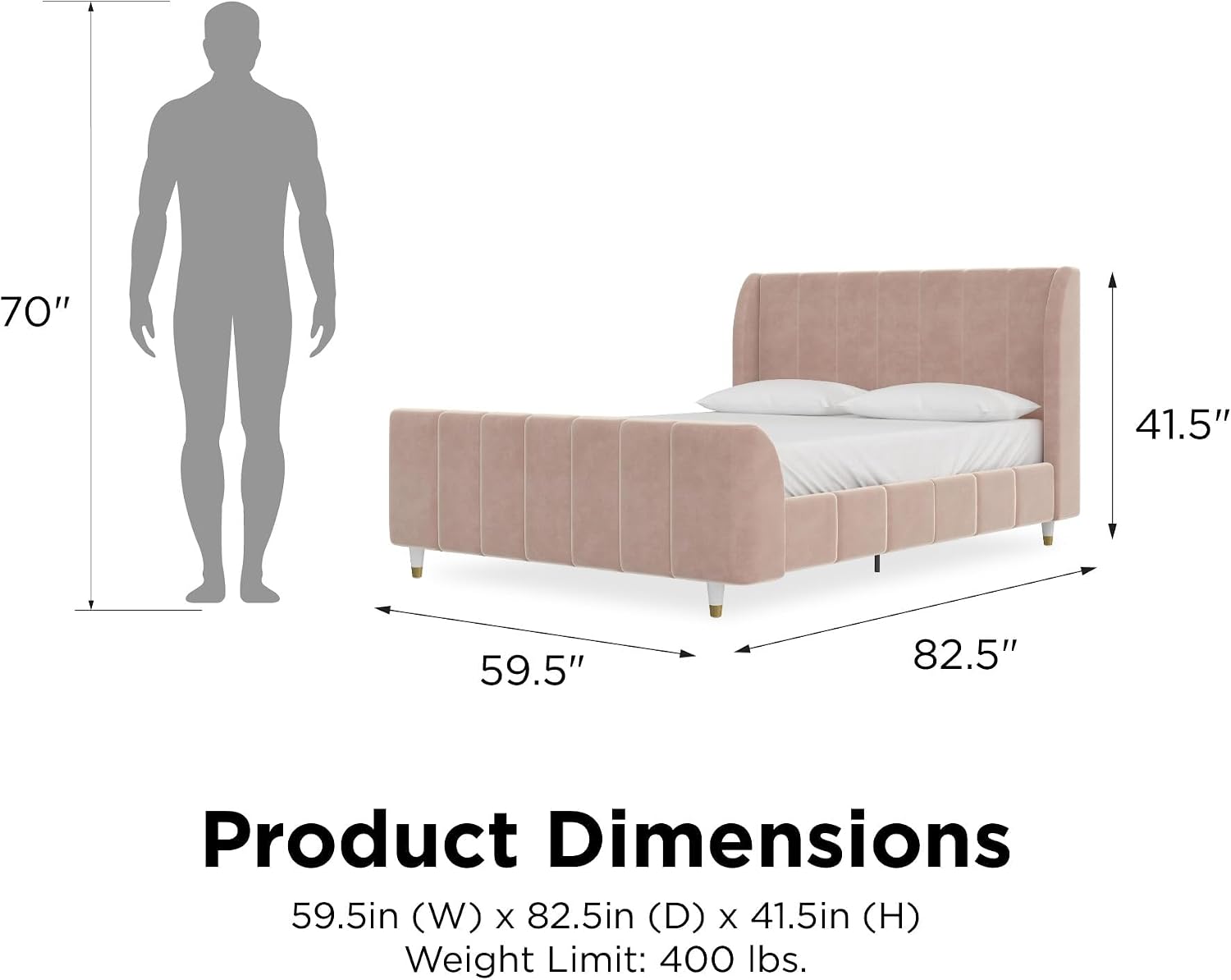 BOWERY HILL Mid-Century Full-Size Upholstered Bed, Pink Velvet Fabric, Wingback Design with Vertical Channel Tufting, Metal Legs, Sturdy Construction, Modern Bedroom Furniture for Teens or Kids Rooms