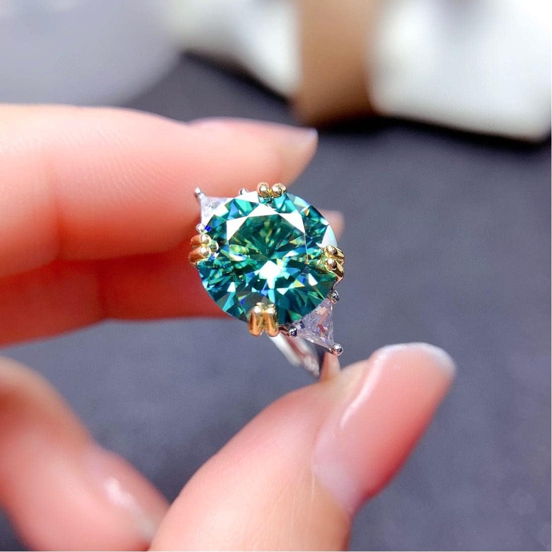 Myer 5 CT Top Grade Bluish Green Moissanite Ring, Sterling Silver Rings for Women, Handmade Wedding Engagement Gift For Her