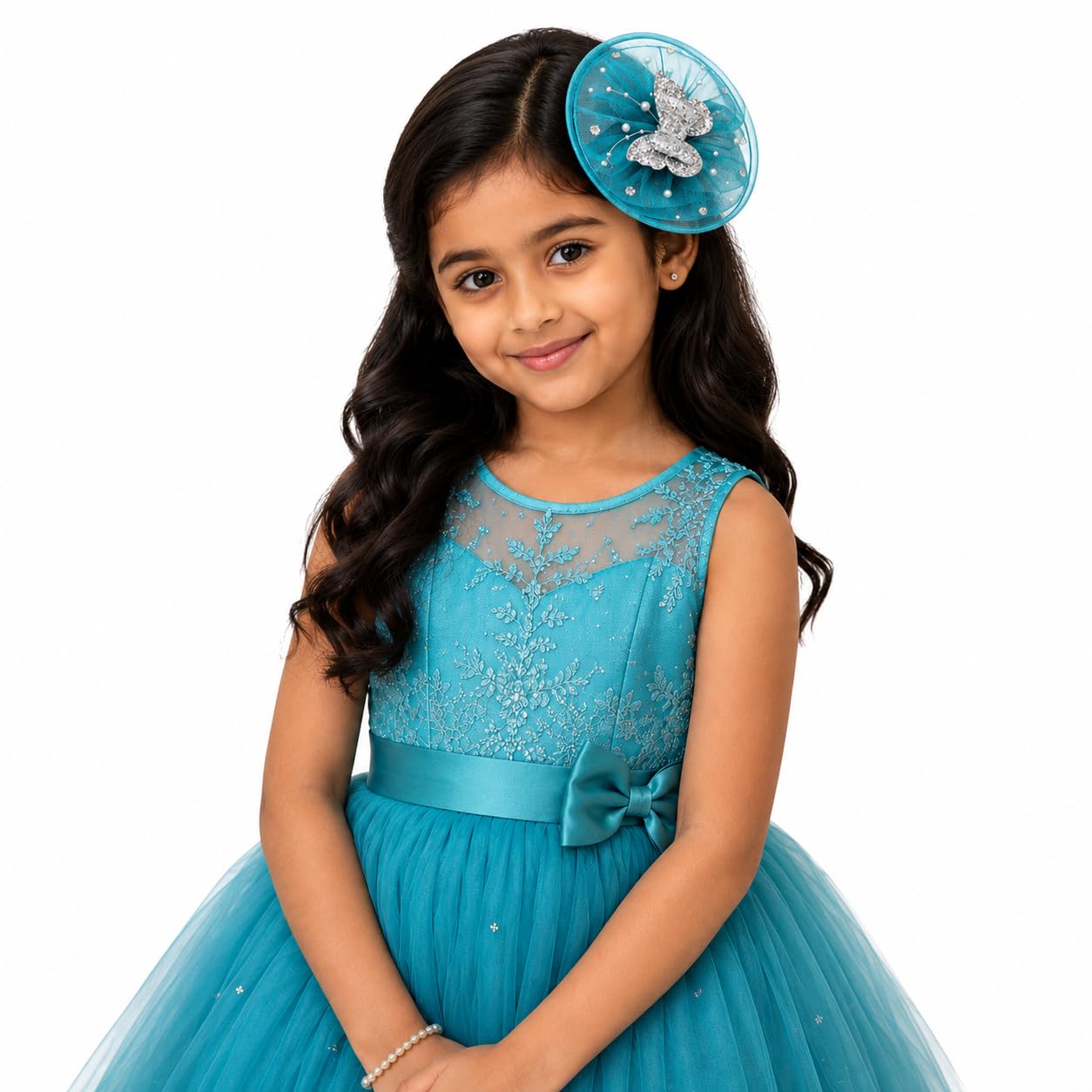 Teal Pearl Embellished Kids Fascinator with Butterfly-image-35