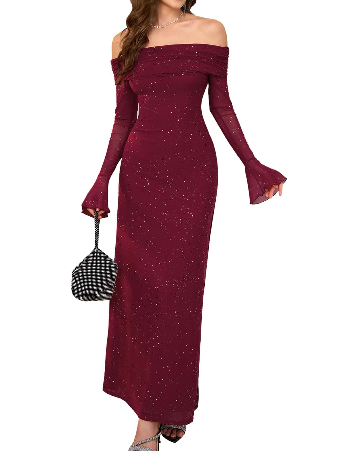 KUTUMAI Women Off Shoulder Long Sleeve Maxi Formal Wedding Guest Dress Fall Elegant Bodycon Dresses for Bridesmaid Cocktail Party Prom