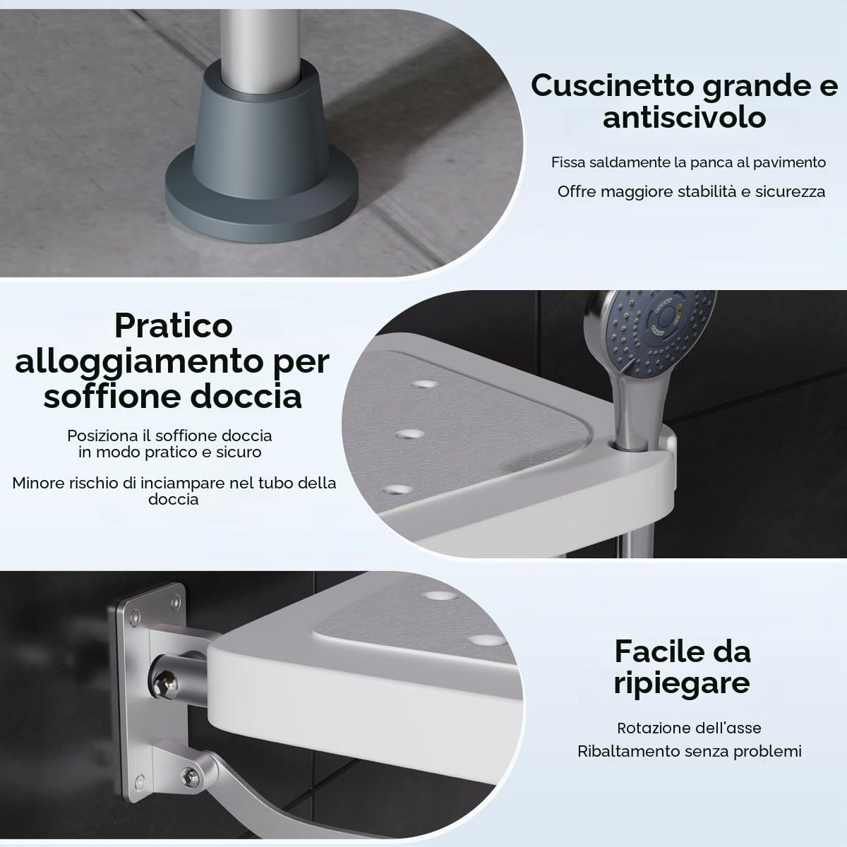Sgabello da doccia pieghevole a parete, sedile doccia alto 42 cm, con piedini antiscivolo, foro di drenaggio, fessura per soffione doccia,adatto per anziani e disabili
