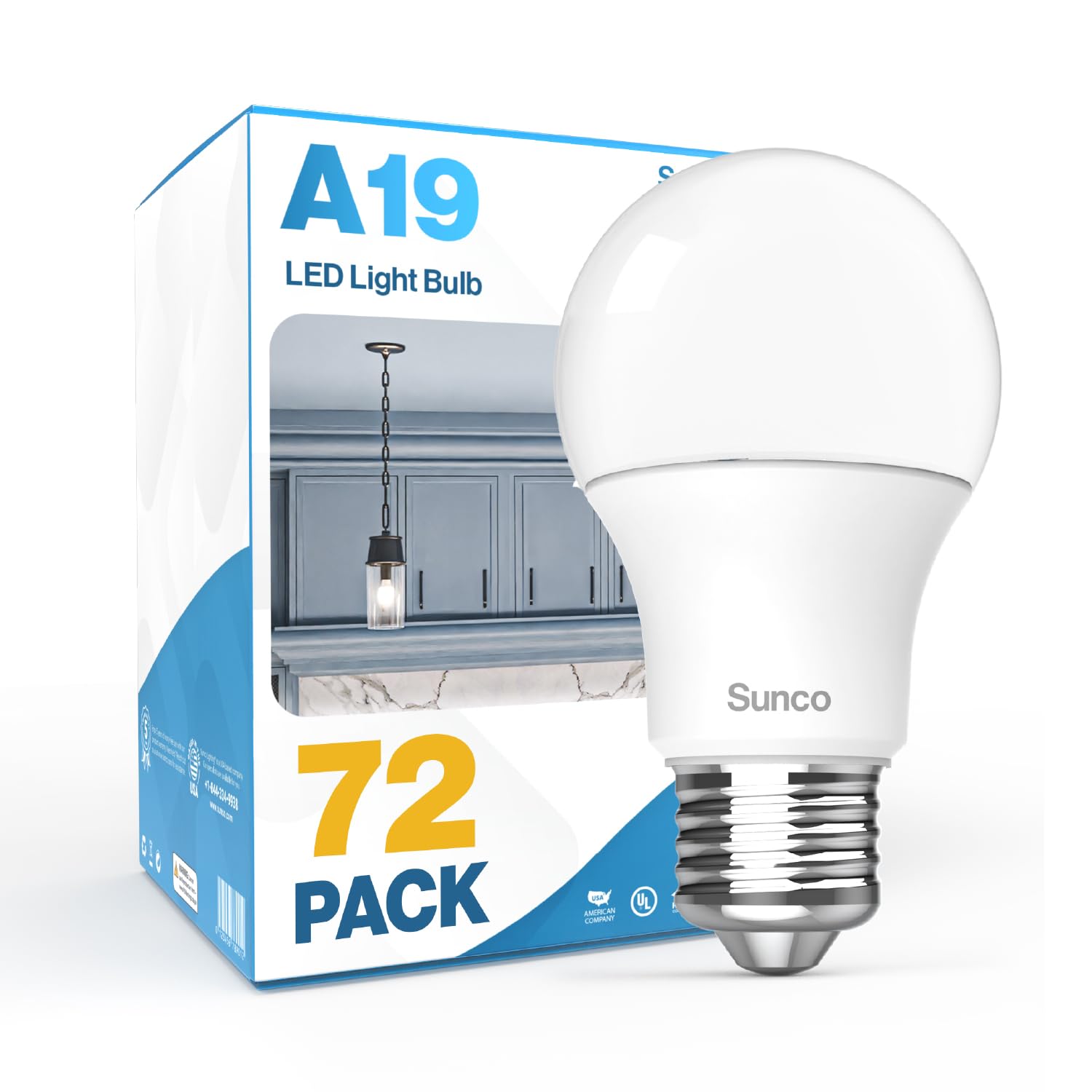 Sunco 72 Pack A19 LED Light Bulbs, [Focos para Casa], E26 Base Lamp Bulb for Bedroom Bathroom, 850 LM, 8W (60W Equivalent), 5000K Daylight, Non-Dimmable, 25000 Lifetime Hours UL.