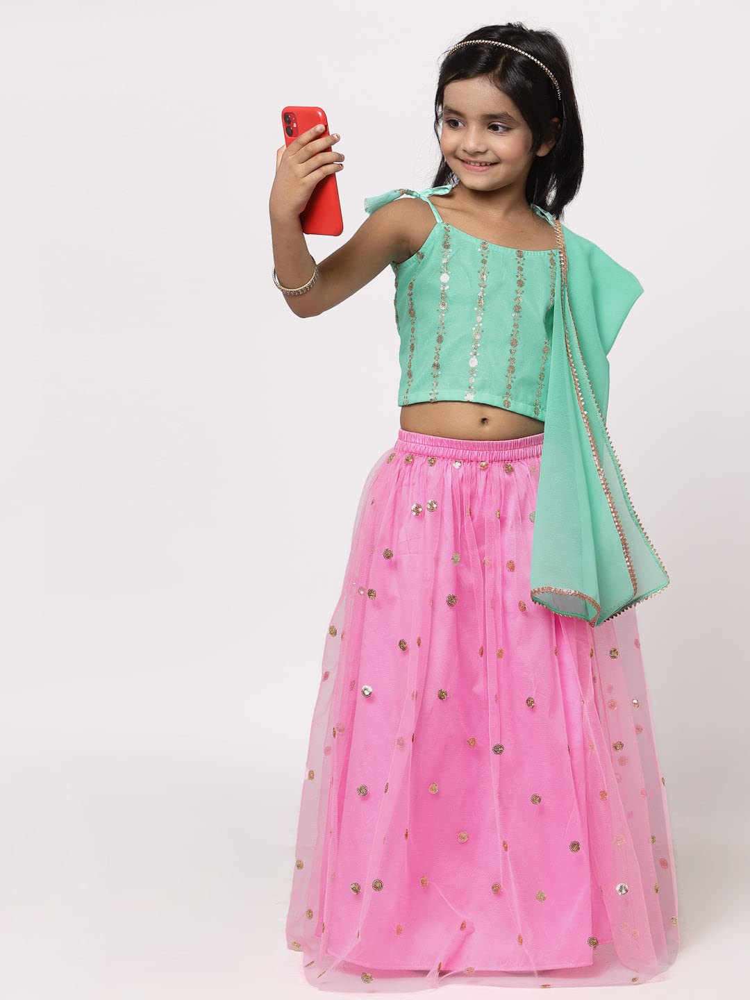 studio rasa Net Sequins Embroidered Festive Lehenga Set with Dupatta Wedding Party Kids Dress Girls(GLC12201/3-4_Pink) 3