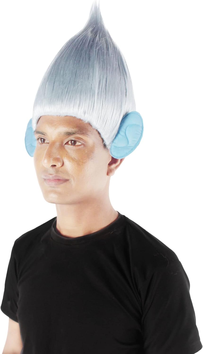 HPO Adult Unisex Pointy Fairy Yellow Color Troll Wig with Blue Ears, Perfect for Festivals and Halloween, Breathable Capless Cap, Flame-retardant Synthetic Fiber