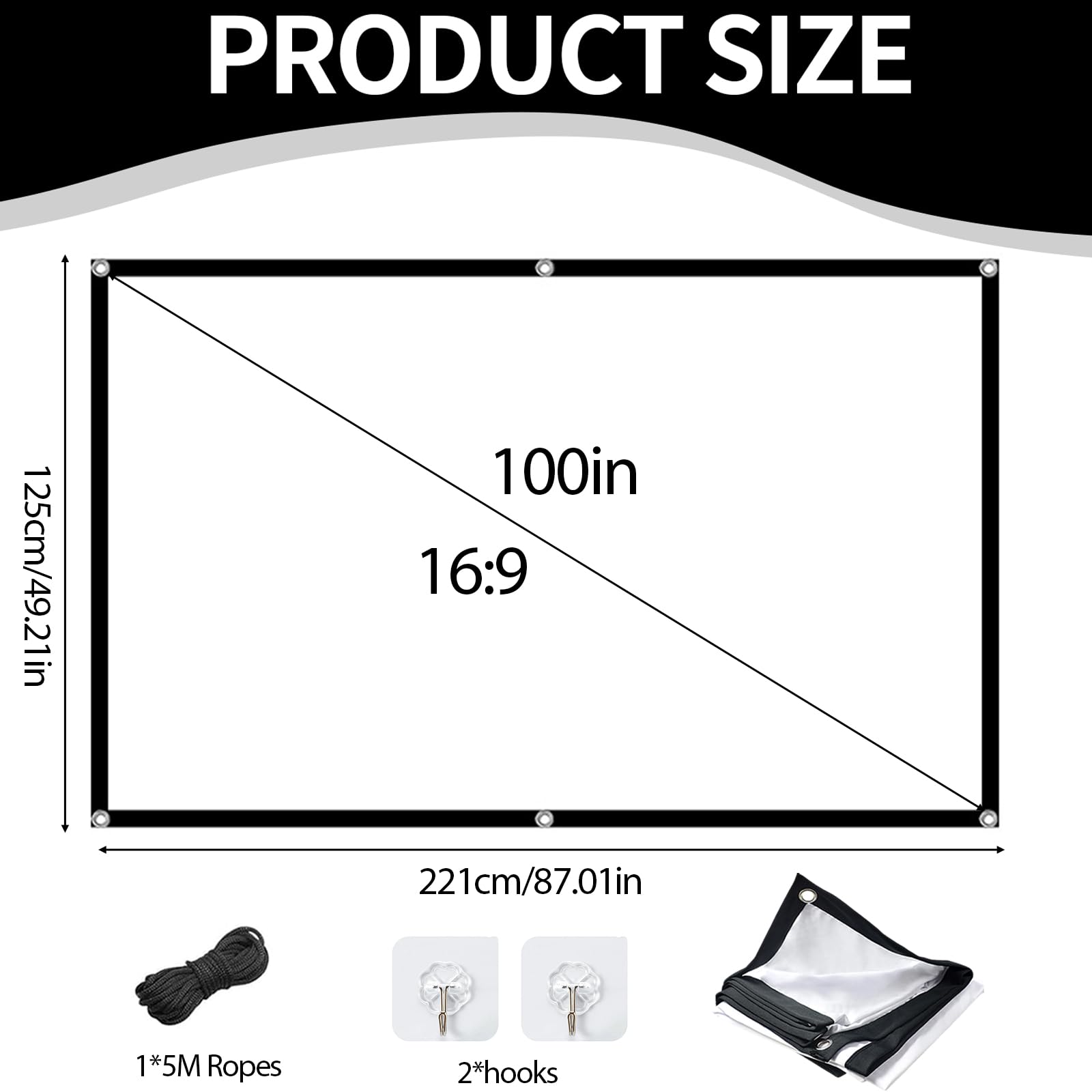 Ekran do rzutnika 254 cm (100"), 16:9 HD, ekran do rzutnika, przenośny, składany, projektorowy, na zewnątrz, grubszy i odporny na zagniecenia, do biura, szkoły, kina domowego, spotkań, kempingu