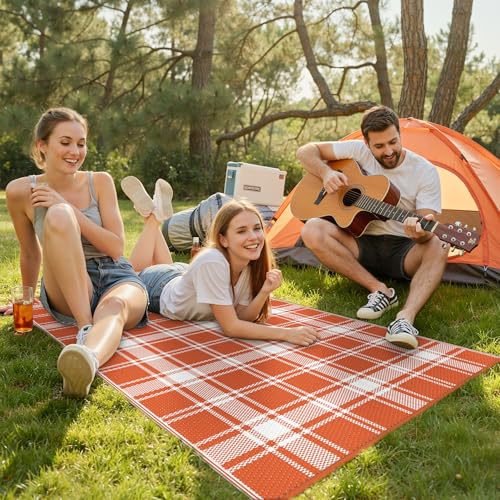Image of GENIMO Fall Decor Outdoor Rug 3'x5' for Porch Plastic Door Mat Orange Plaid | Waterproof Outside Modern Carpet for Patio Decor, Balcony, Porch, Deck, Backyard, Picnic, Camping, RV, Reversible