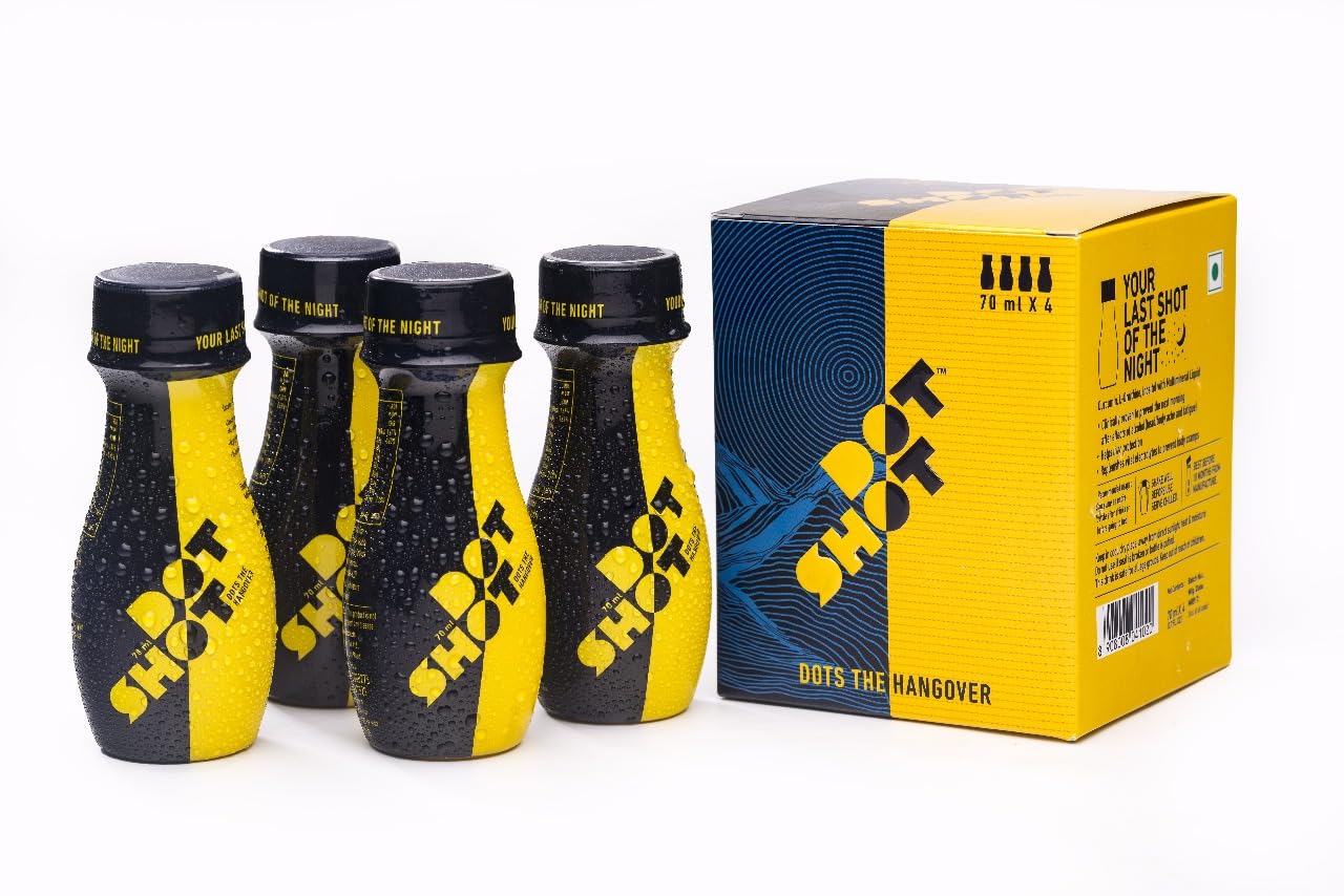 DOT SHOT Anti Hangover Shot for After Party Recovery | 100% Vegan Liver Detox Drink | Clinically Proven Shots with Turmeric, Vitamins & Electrolyte | No Side Effects | Pack of 4