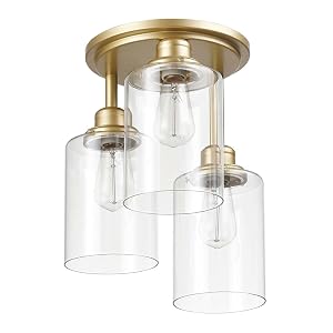 Globe Electric 65457 3-Light Flush Mount Ceiling Light Matte Gold Clear Glass Shades Bedroom Lighting Fixtures Ceiling Dining