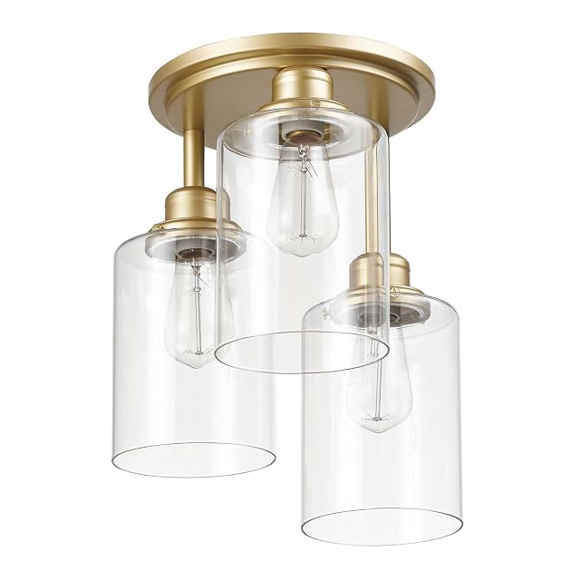 Globe Electric 65457 3-Light Flush Mount Ceiling Light Matte Gold Clear Glass Shades Bedroom Lighting Fixtures Ceiling Dining