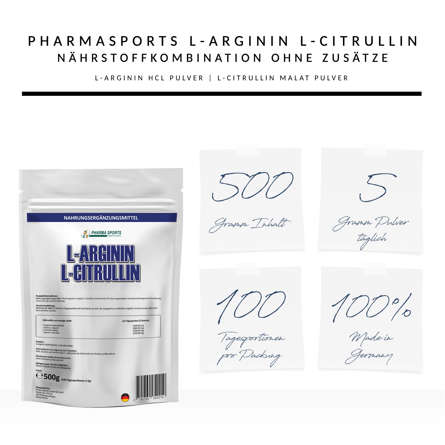 vipstar Arginin Citrullin Mix Pulver hochdosiert - 5000mg L-Citrullin Malat + L-Arginin HCL pro Portion - Fitness, Pump und Bodybuilding - 500g Premiumqualität ohne Zusätze
