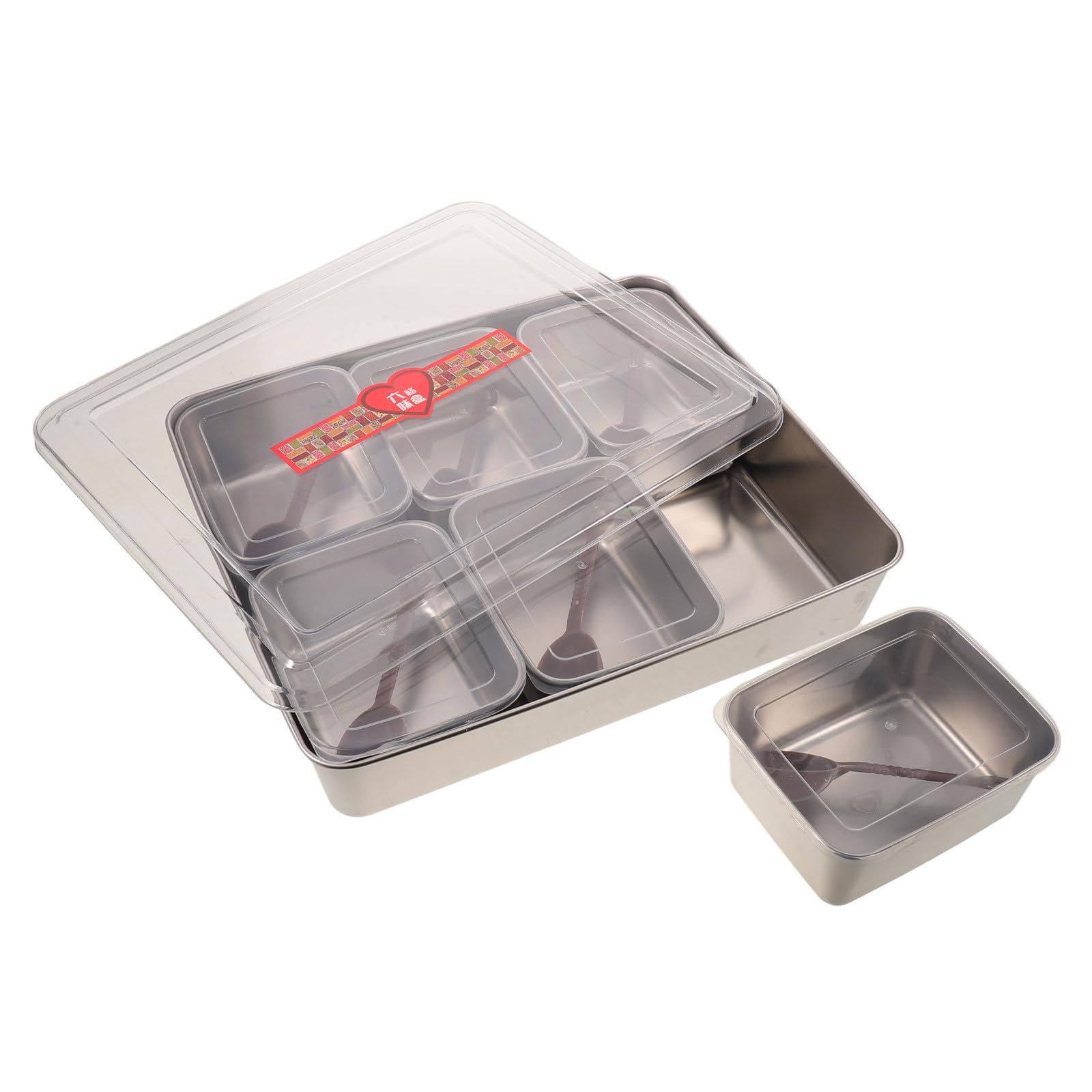 OUNONA 1 Set Snackbox mit 6 Fächern: Gewürzbehälter aus Edelstahl mit Deckel und 6 Löffeln für Obstgerichte und gekühlte Garnituren, 34 x 30,5 x 8,1 cm