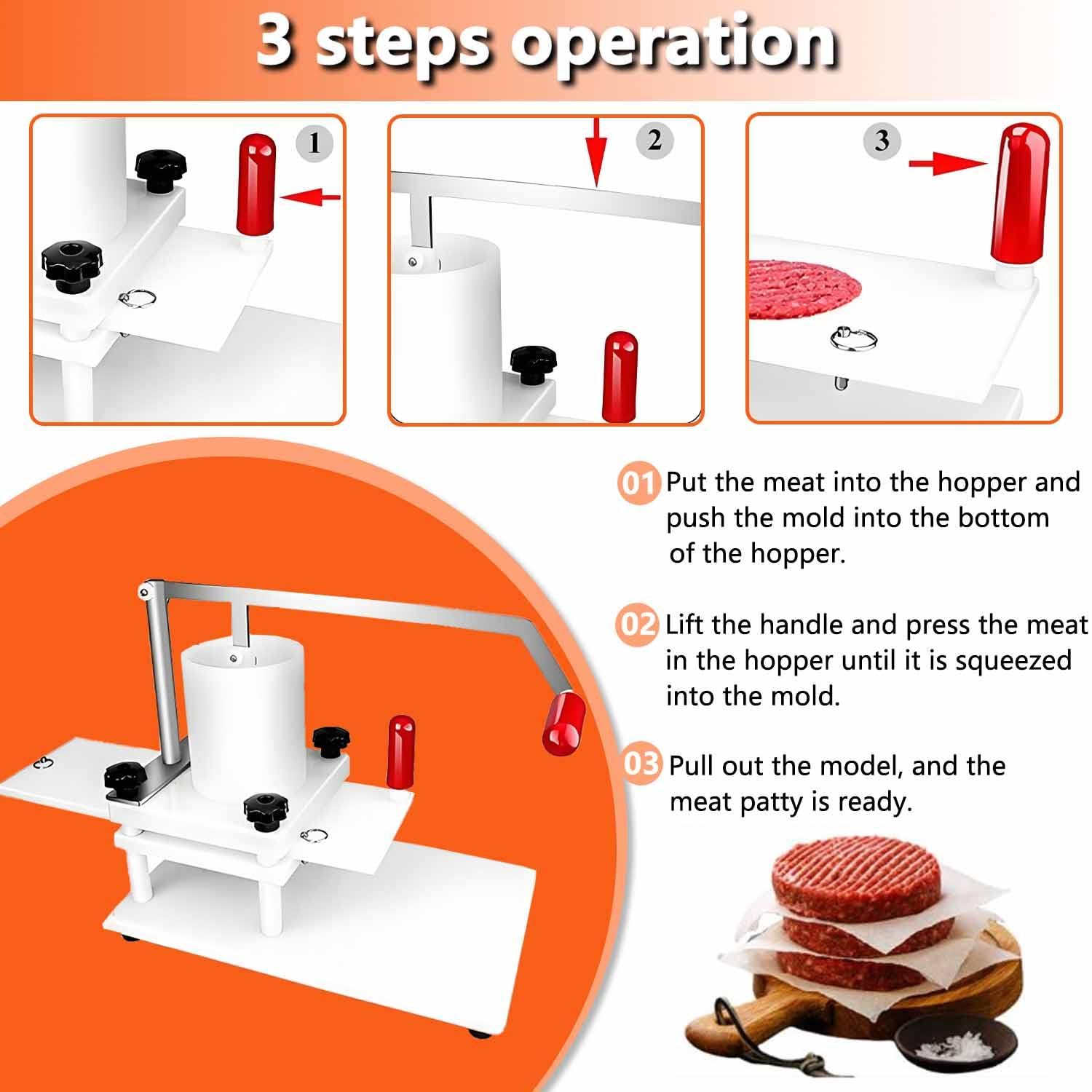 Macchina per la formatura di hamburger, pressa manuale per hamburger, PE alimentare, acciaio inossidabile, tramoggia da 1,5 kg, ideale per ristoranti e hamburger