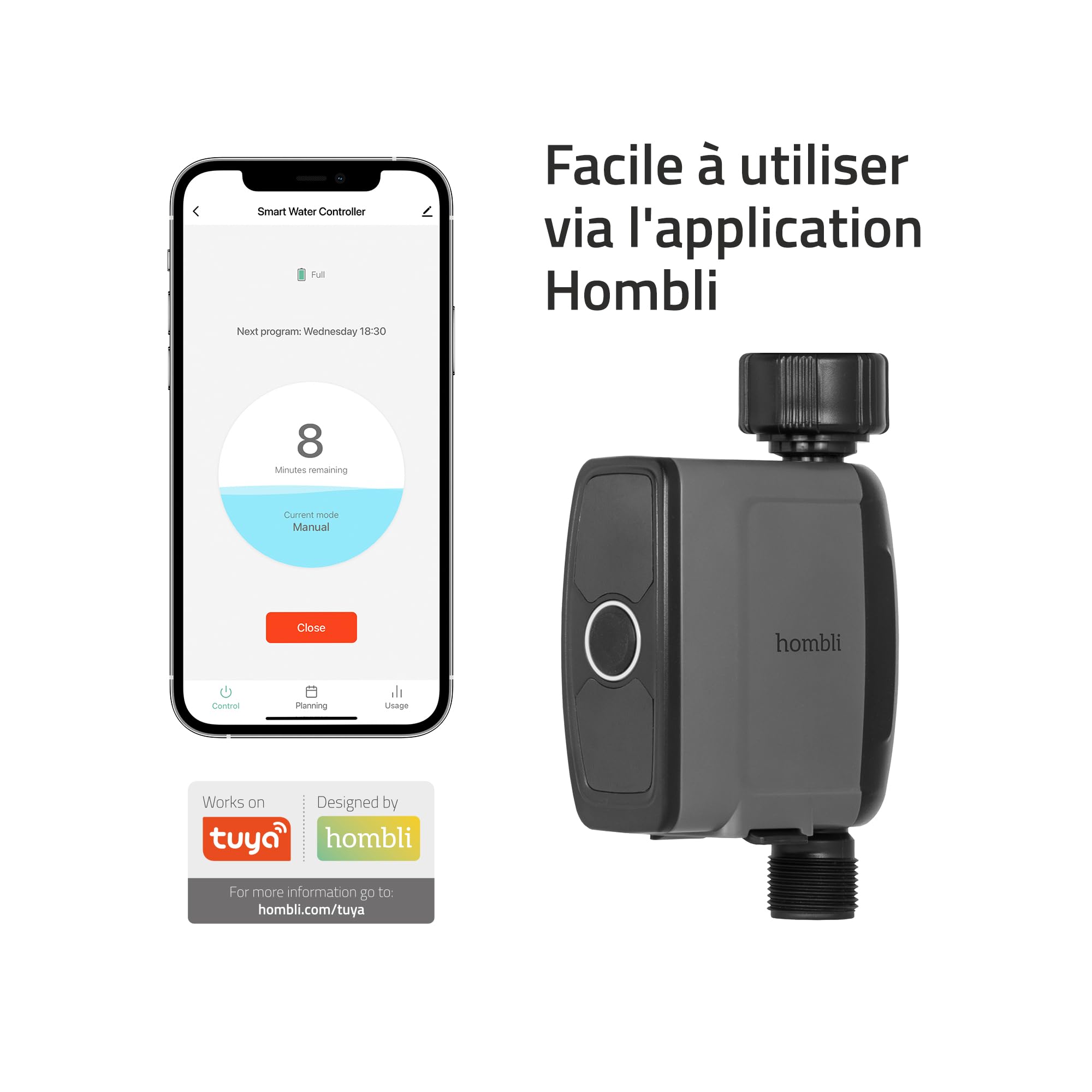 Hombli Smart Contrôleur d'Irrigation avec Bluetooth | Programme d'Irrigation Automatique & à Batterie pour Jardin | Surveiller la Consommation d'eau | Compatible avec Les Types de Robinets Courants