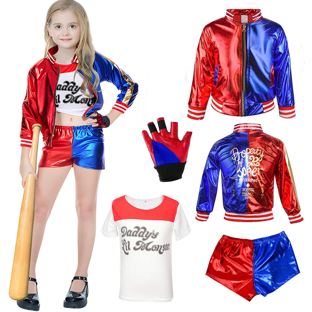Vcumter Disfraces de Cosplay Quinn, Disfraces Cosplay Quinn para niñas con Chaqueta Camiseta Pantalones Cortos Guantes, Cosplay Disfraz para Halloween Carnaval Navidad Cosplay de Payaso