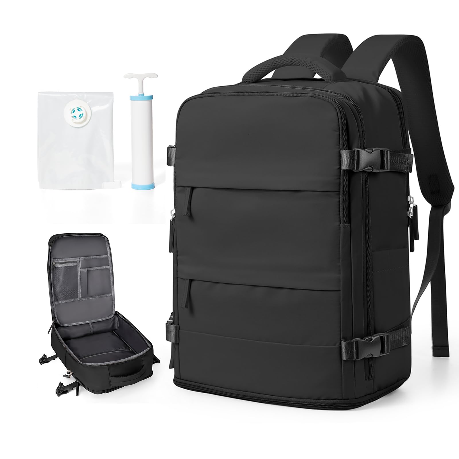 bergsalz Black Travel Backpack For Women Men Carry On Backpack With Vacuum Compression Seal Bags Personal Item Travel Bag Space Saver Vacuum Storage