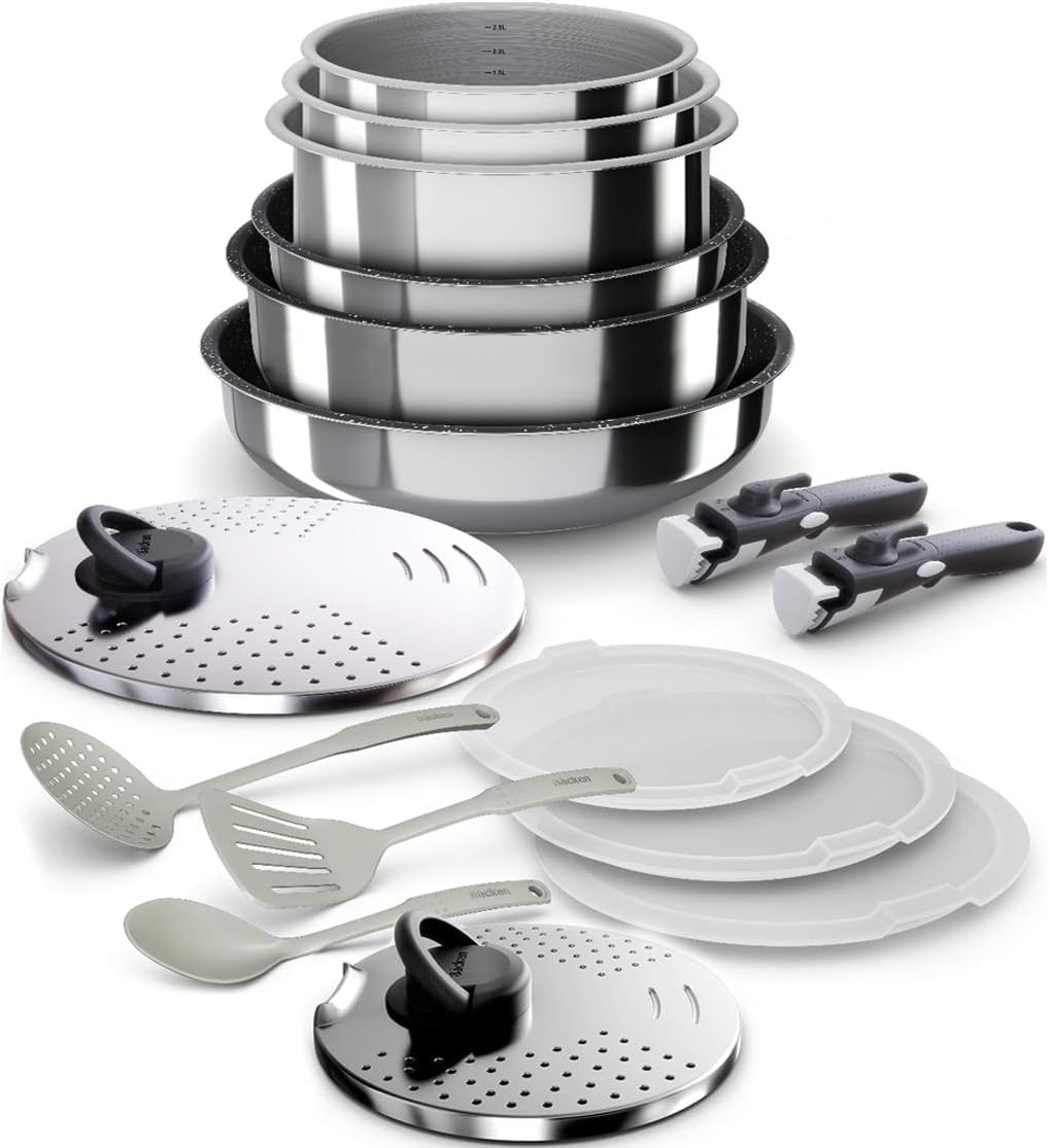 Backen 399916, Set pentole 16 pezzi, Padelle, Casseruole, Padella per saltare, 2 manici amovibili, Induzione, Rivestimento antiaderente, Impilabile, Lavabile in lavastoviglie, Garanzia 5 anni.