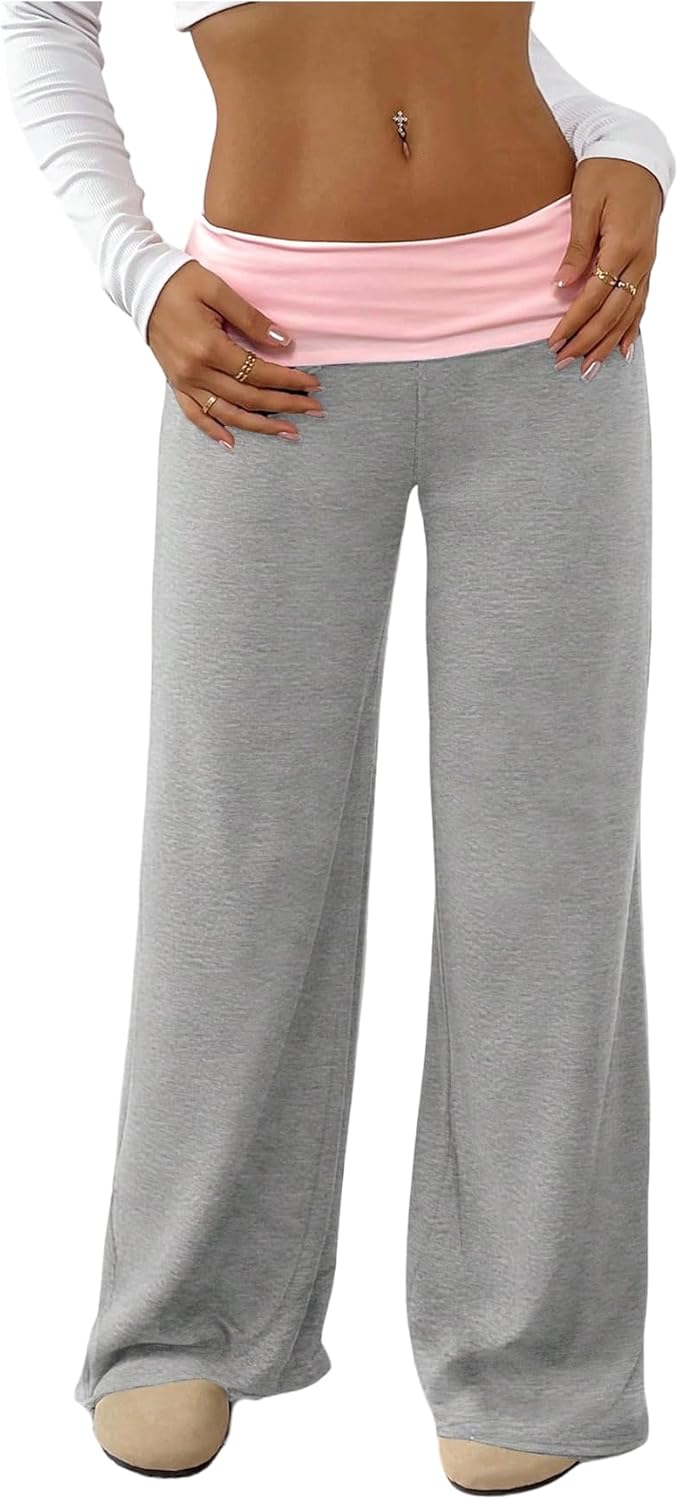 SOLY HUX Women's Sweatpants Color Block Low Rise Fold Over Waist Baggy Wide Leg Pants