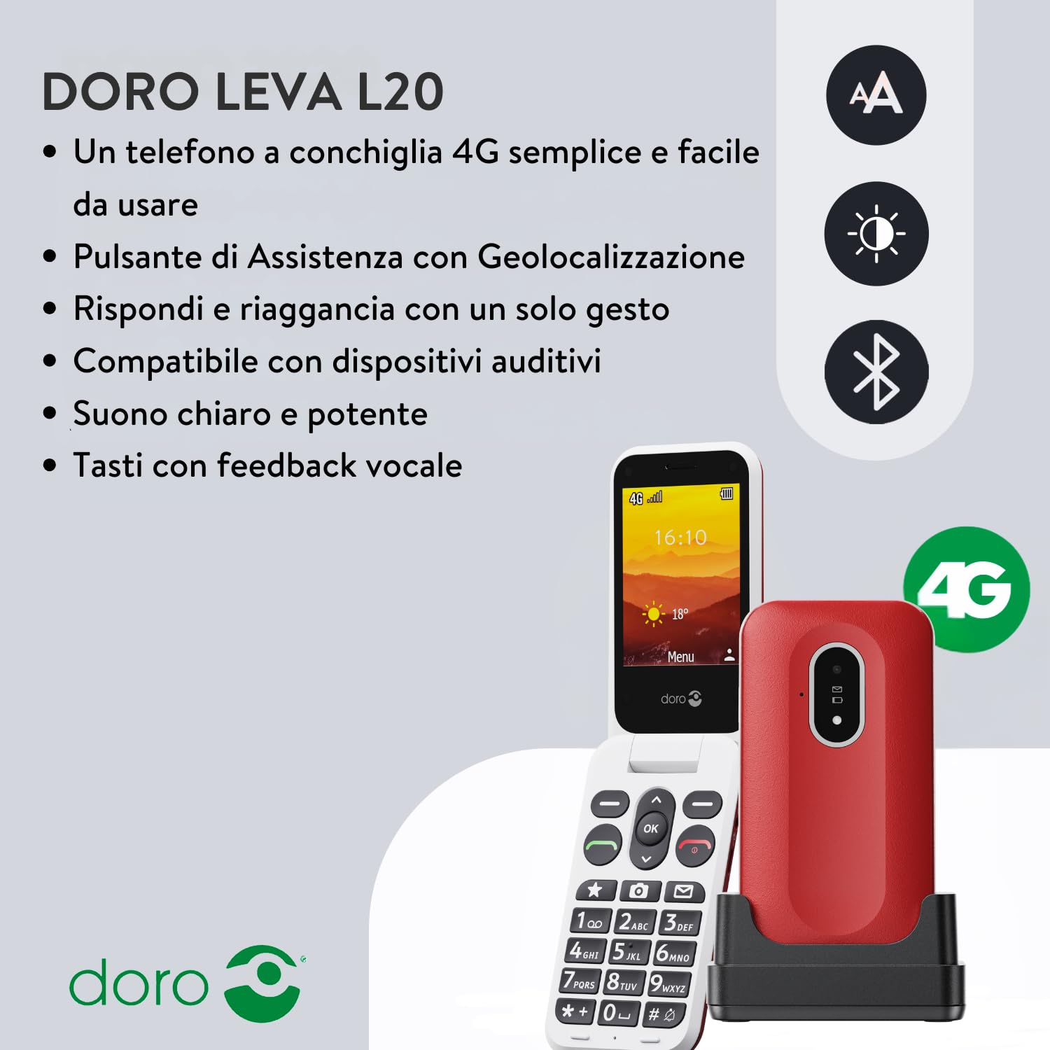 Doro Leva L20 Telefono Cellulare Sbloccato Seniors – Ampio schermo Paesaggio – Audio HD potente – Fotocamera – Tasto Assistenza con Localizzazione GPS – Telefono Basic senza Internet (nero e bianco)