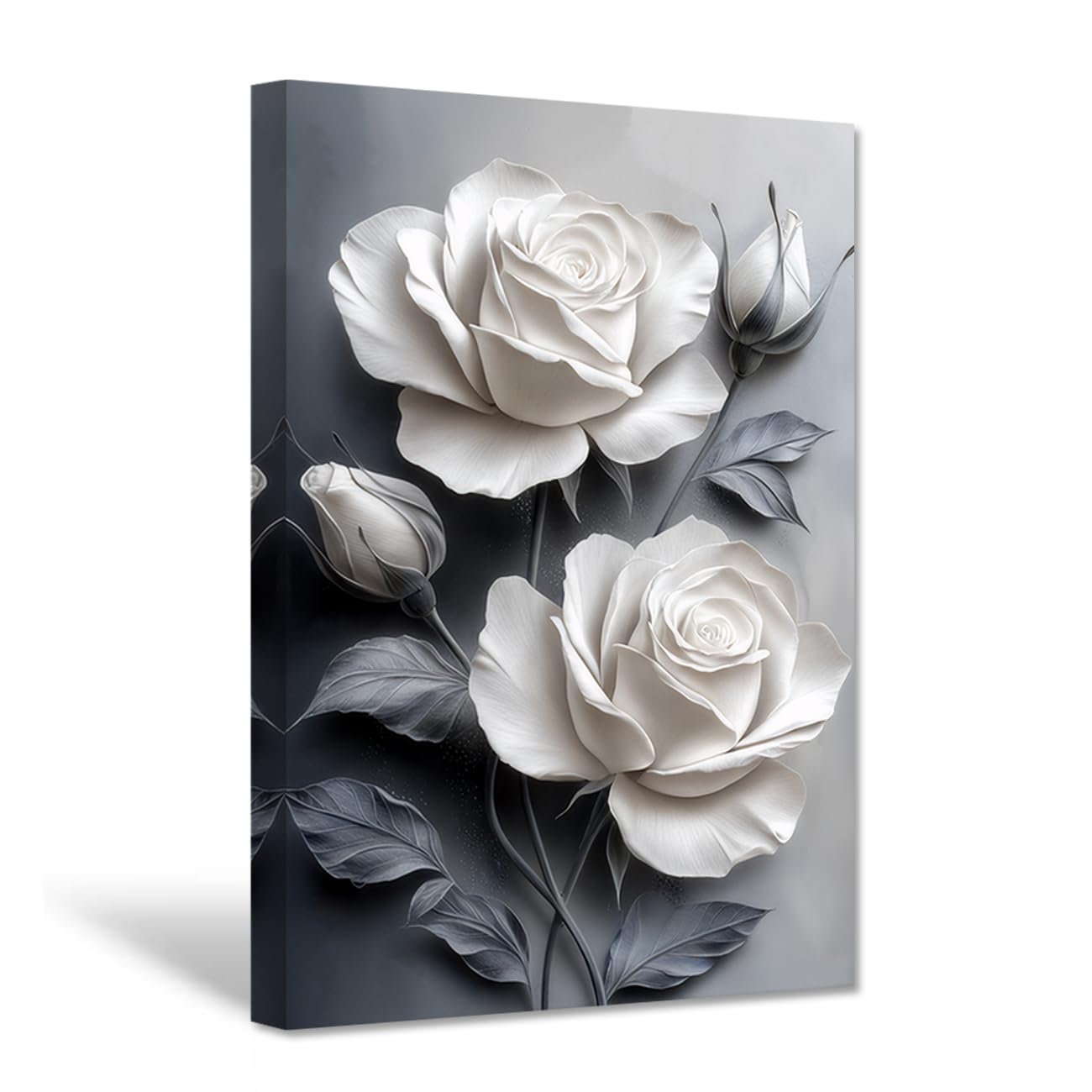 CXHOSTENT White Rose Wall Art Abstract Flower Canvas Print Vintage Floral Pictures Rose Artwork Modern Bathroom Bedroom Decor Framed (75L x 50W cm)