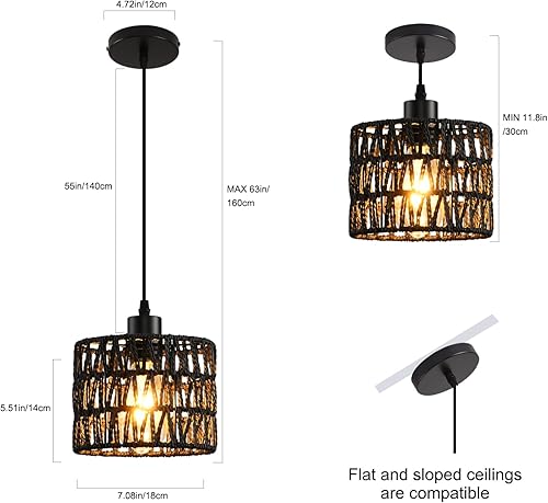 Miniatura 6 de Lámpara colgante tejida estilo bohemio, luces colgantes de ratán, isla de cocina, iluminación colgante de granja con pantalla de mimbre tejida a