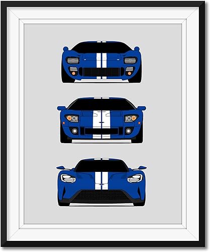 Vista 23 de Handmade Poster compatible with Ford GT Generation and Print of Ford GT40 - White Cars with Blue Stripes, 11x14" Metallic Print (Unframed)-Gift Car