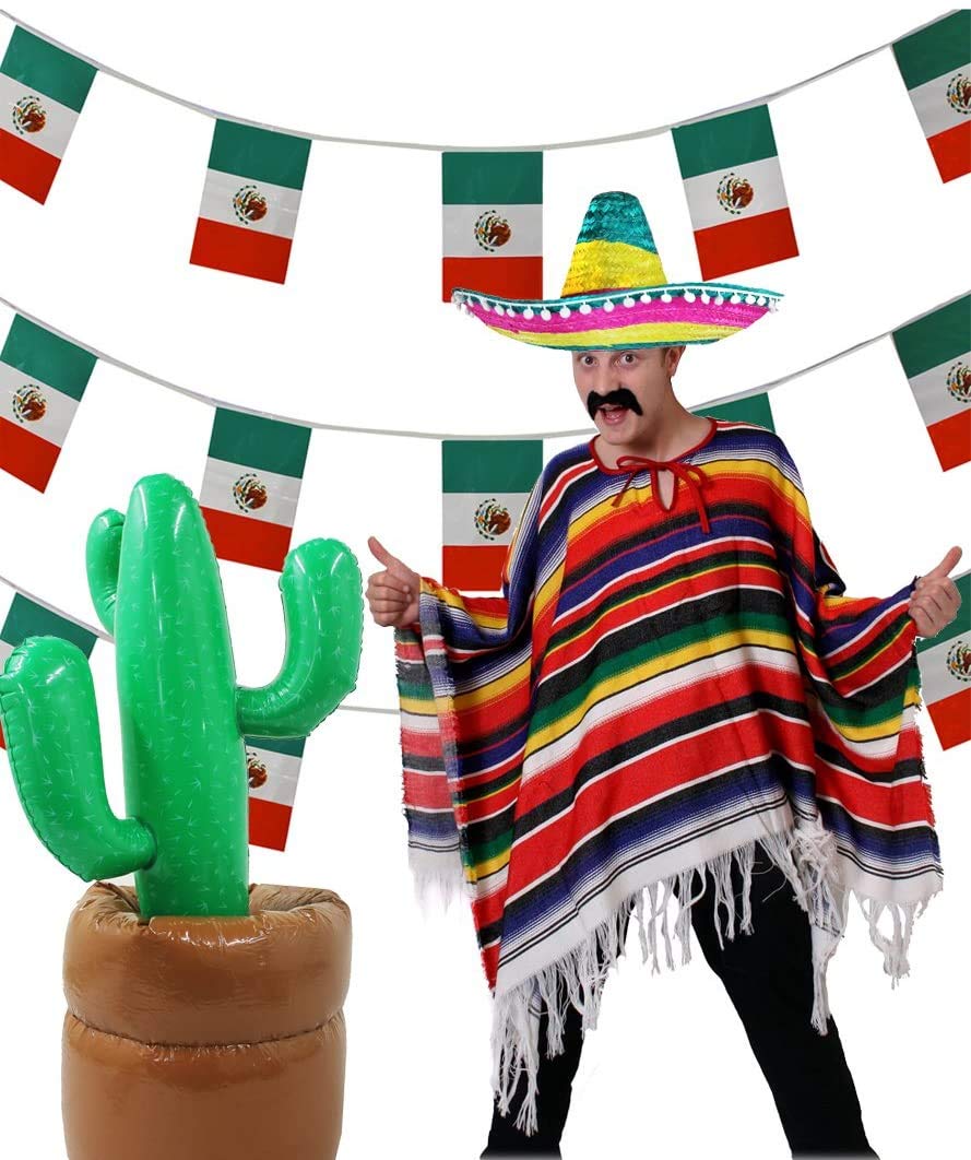 I LOVE FANCY DRESS LTD MEXICAN PARTY SET. MULTICOLOURED SOMBRERO + MULTICOLOURED PONCHO + MEXICAN FLAG BUNTING + INFLATABLE CACTUS. IDEAL FOR: CINCO DE MAYO | MARDI GRAS | MEXICAN THEMED EVENTS
