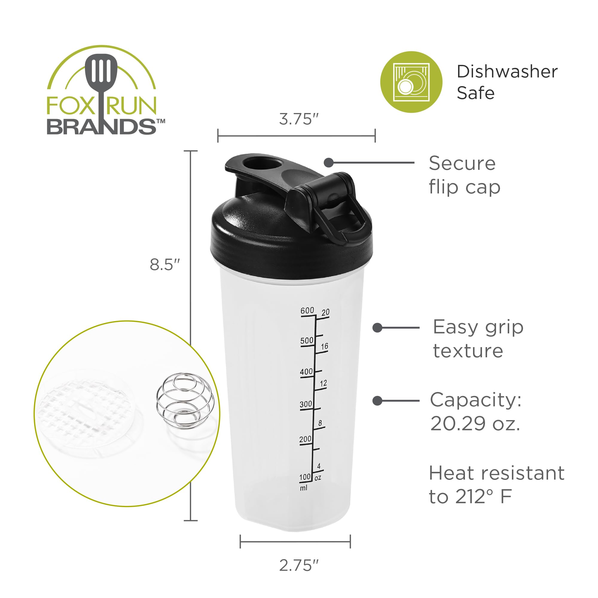 Fox Run Blending Bottle, Clear 20oz Shaker Bottle, Whisk & Measurements — Amazon image 5