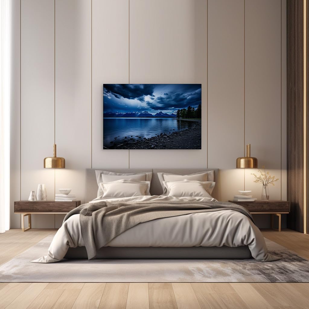 Canvas for Living room. Edge of the Storm - The Unspoken Serenity of a Moody Lakeside Wilderness, 27 x 18 inch Canvas Wall Art - Surrealistic Visions - Modern Home Decor