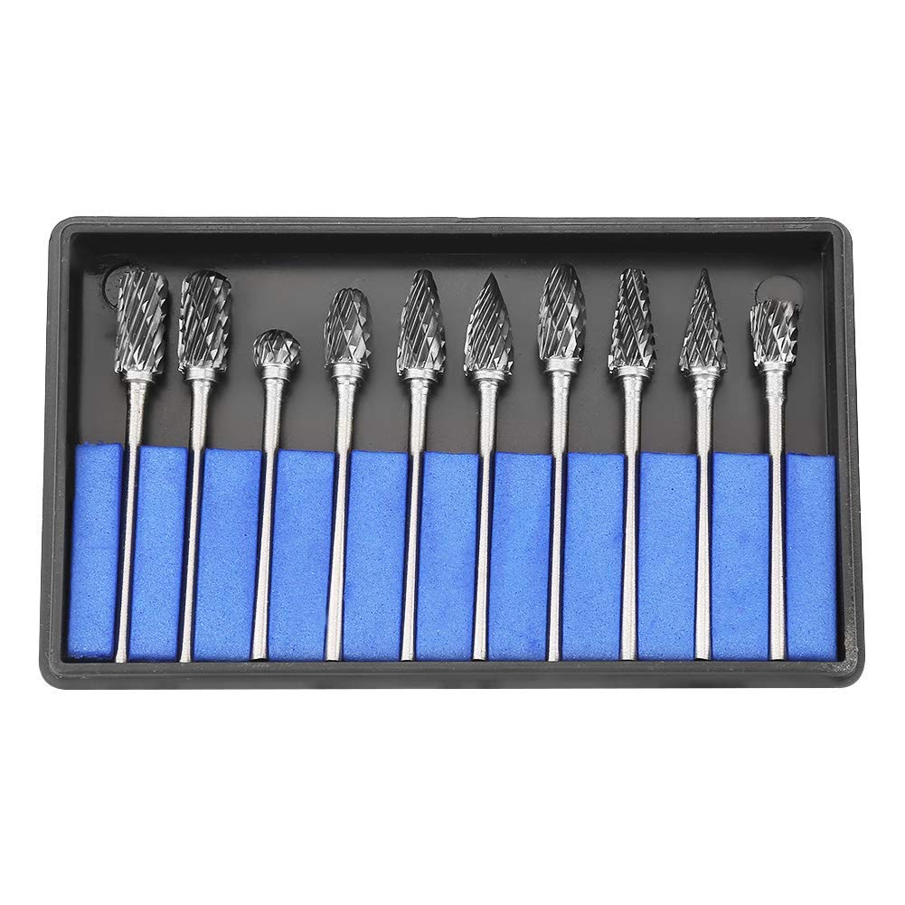 Jeu de 10 fraises en acier, fichiers en acier au carbure de tungstène, fraises rotatives, solide, tige de 2,35 mm / 0,1 pouce pour outils électriques ou pneumatiques, machines-outils