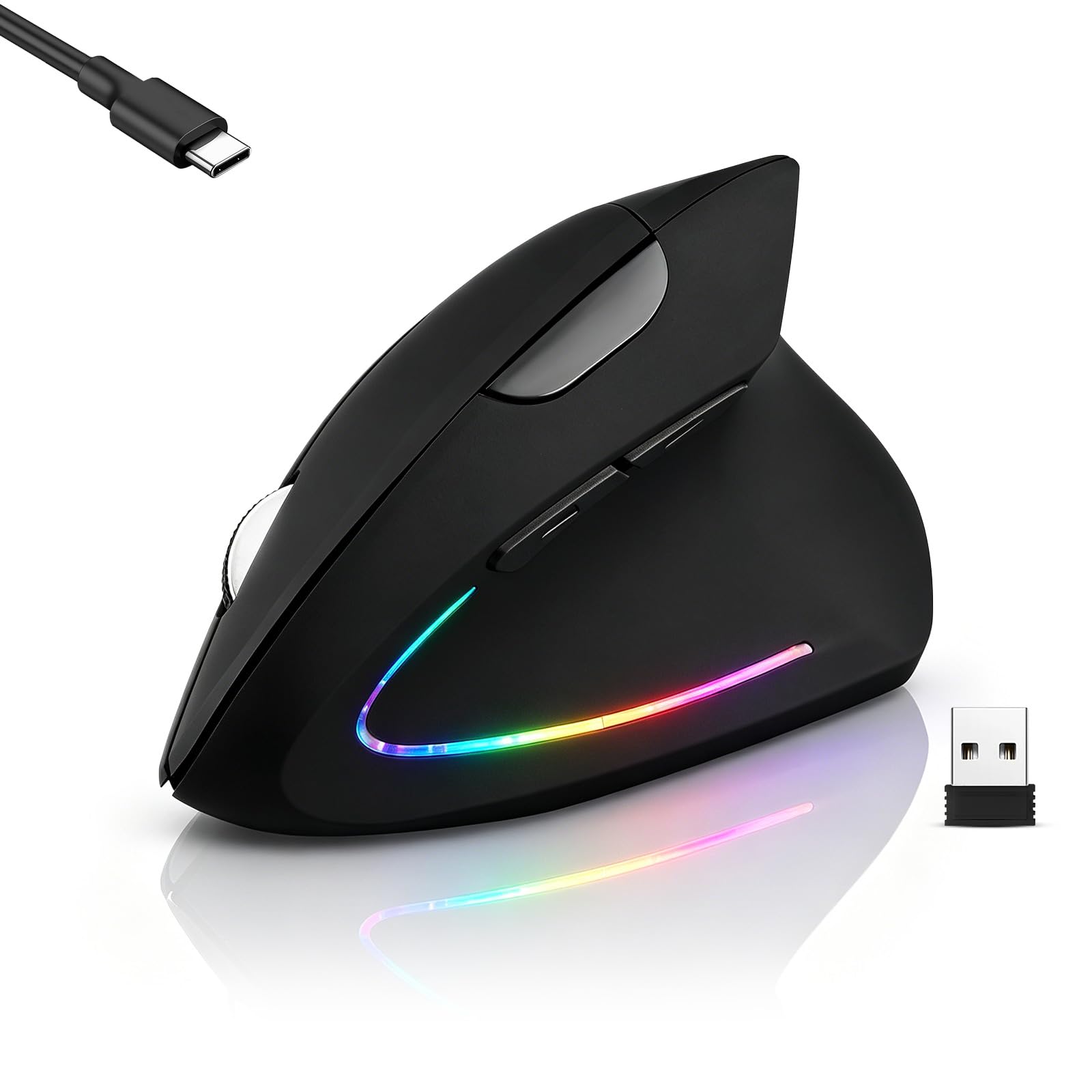 Wireless Bluetooth Ergonomic Vertical Mouse, Rechargeable Silent Slim Laptop Mouse,Portable(BT5.2+USB Receiver) LED Dual Mode Computer Mice,for Laptop,Desktop Computer,ipad Tablet,Phone,TV (Black)-image-36