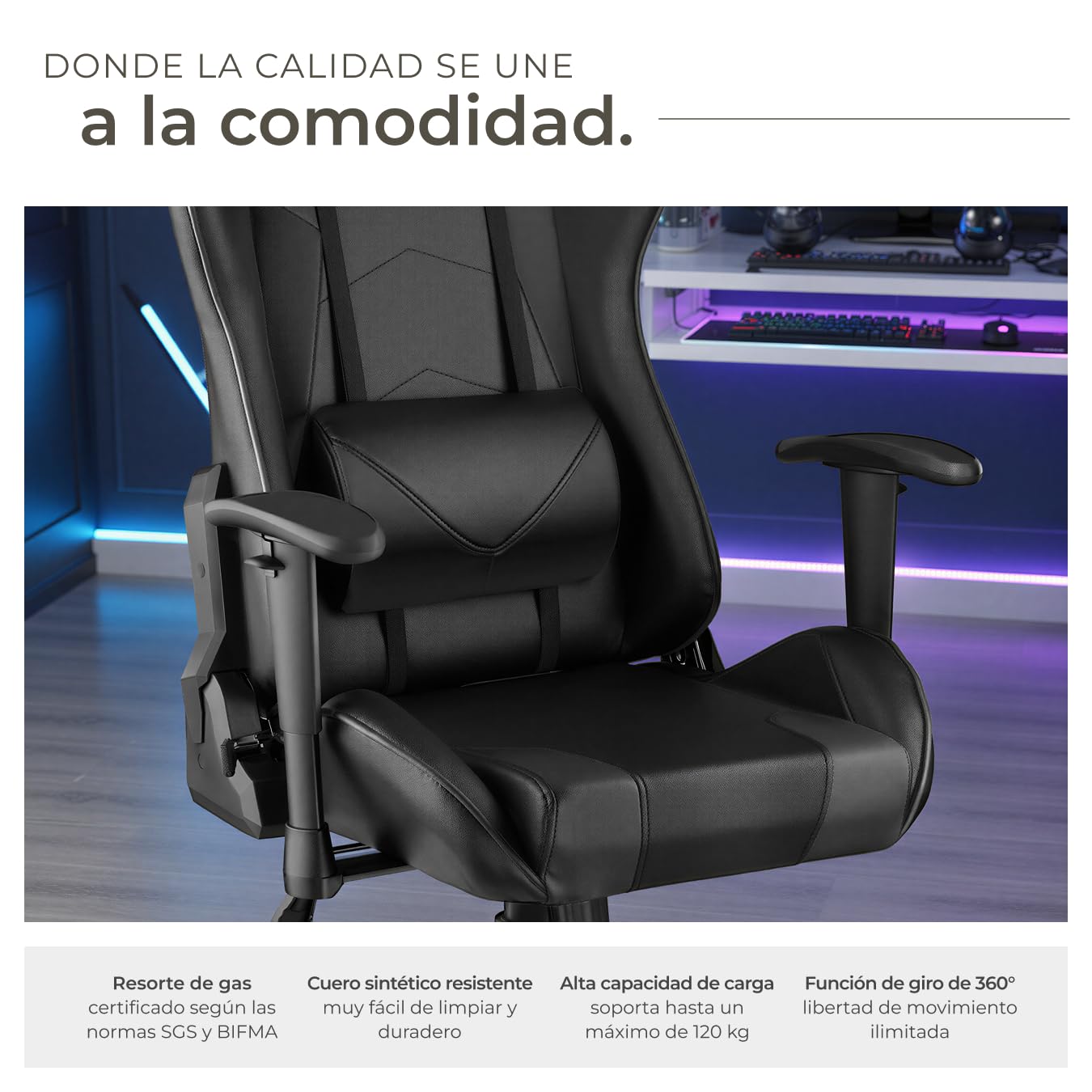 tectake® Silla Escritorio, Silla Ergonómica con Reposabrazos Ajustables, Silla de Estudio Moderna, Silla con Reposacabezas y Cojín Lumbar Extraíbles, Mecanismo Basculante, Rotación 360° - Negro/Negro