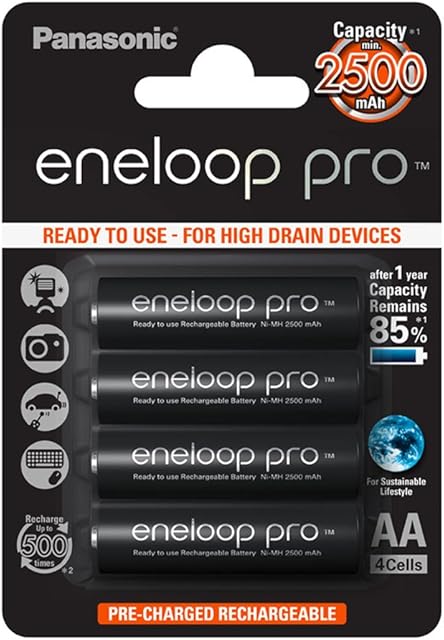 Panasonic Eneloop Pro AA 2500mAh Eneloop NiMH Ready to Use Rechargeable Battery BK 3HCDE/4BE (4 Eneloop Pro Batteries)