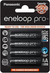 Panasonic eneloop pro, pile Ni-MH prête à l'emploi, AA Mignon, pack de 4, min. 2500 mAh, 500 cycles de charge, aux performances accrues et avec une faible autodécharge, pile rechargeable