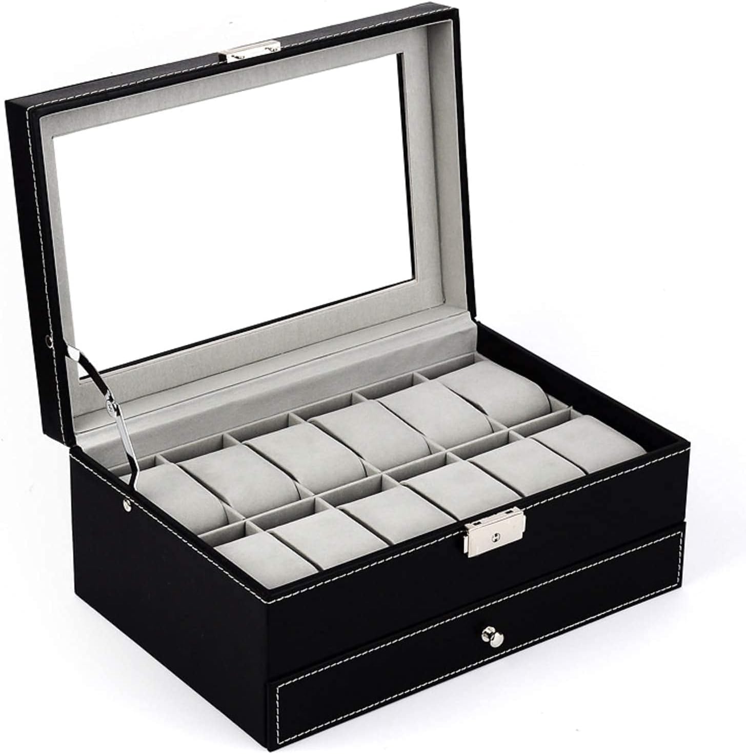 Tebery 12 Slot Watch Box Case Lockable with Glass Lid - Image 3