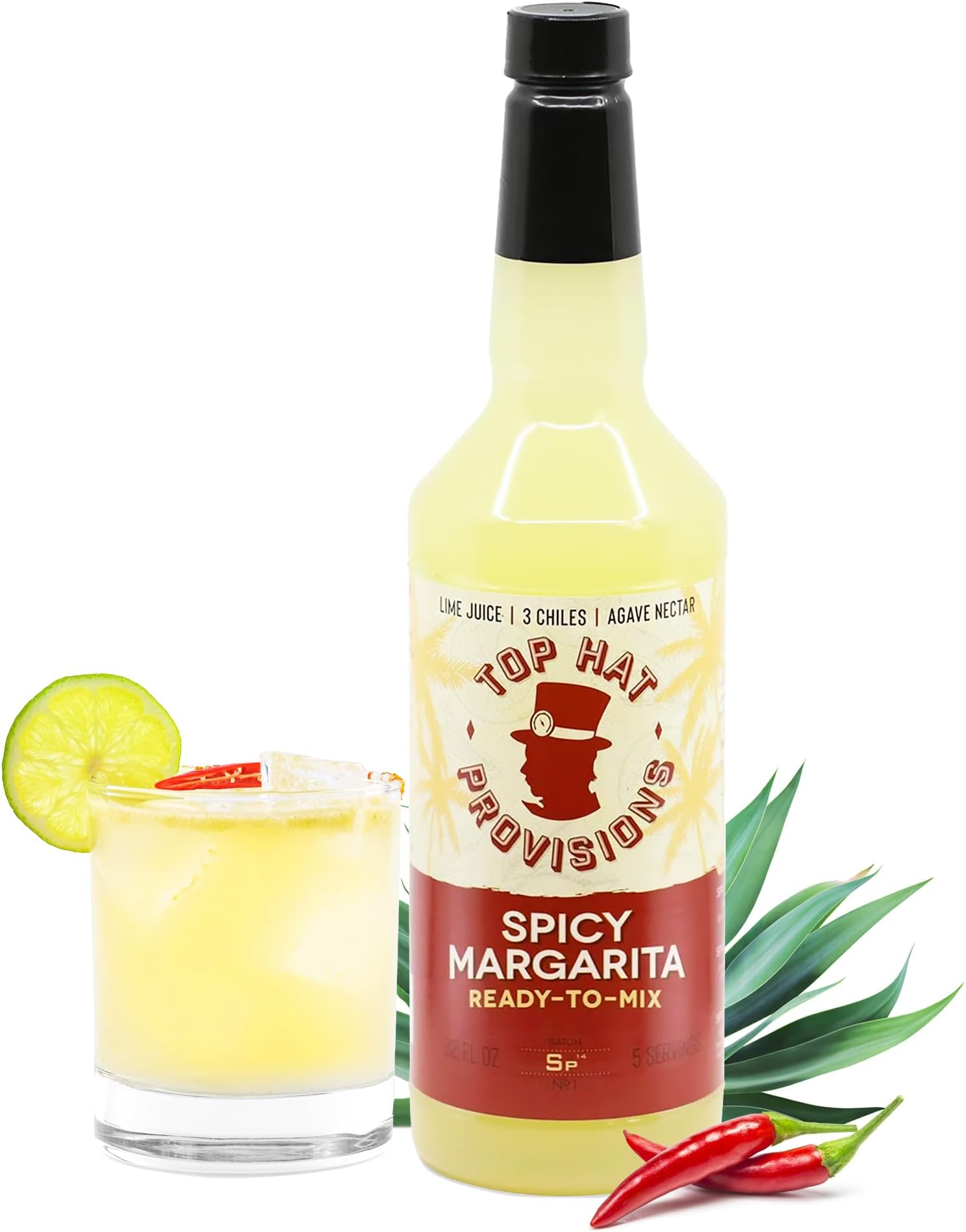 Top Hat Spicy Margarita Drink Mix - Handcrafted with 3 Chiles, Pineapple, Organic Agave Nectar & Organic Lime Juice - Low Calorie/Low Sugar - 32oz Bottle
